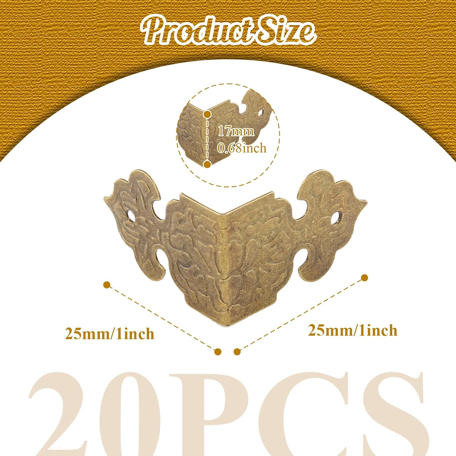 20Pcs Antique Corner Protectors Decorative Metal Right Angle Box Corner Cover Guards, Vintage Brass Furniture Corner Edge Brackets Hardware with Nails(1 X 0.68Inch, Style C) image number 2