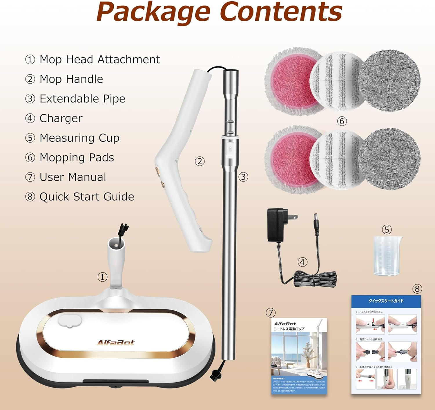 Electric Mop, Alfabot S2 Cordless Spin Mop for Floor Cleaning, with LED Headlight and Sprayer/400Ml Big Tank/60 Mins Runtime, Lightweight Floor Scrubber for Hardwood Floors, Tile, Laminate image number 1