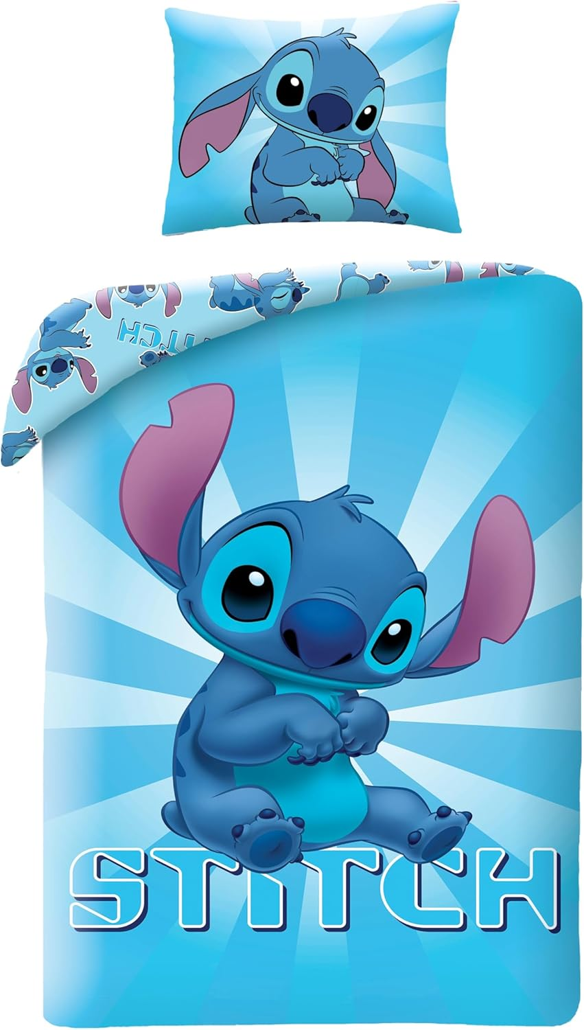 Halantex Lilo and Stitch Disney Children'S Bedding Set - 140 X 200 Cm + Pillowcase 70 X 90 Cm - 100% Cotton - Reversible Bedding Duvet Cover with Zip Oeko-Tex 100