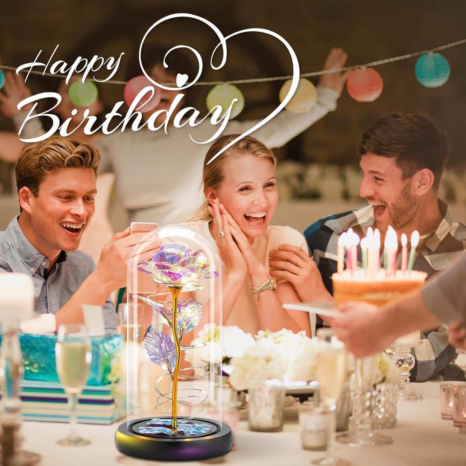 Gifts for Women, Mothers Day Flowers Gifts for Mom from Daughter Son, Valentines, Colorful Rainbow Light up Rose in a Glass Dome Mom Birthday Presents for Her Wife Grandma (Colourful) - Purple image number 2