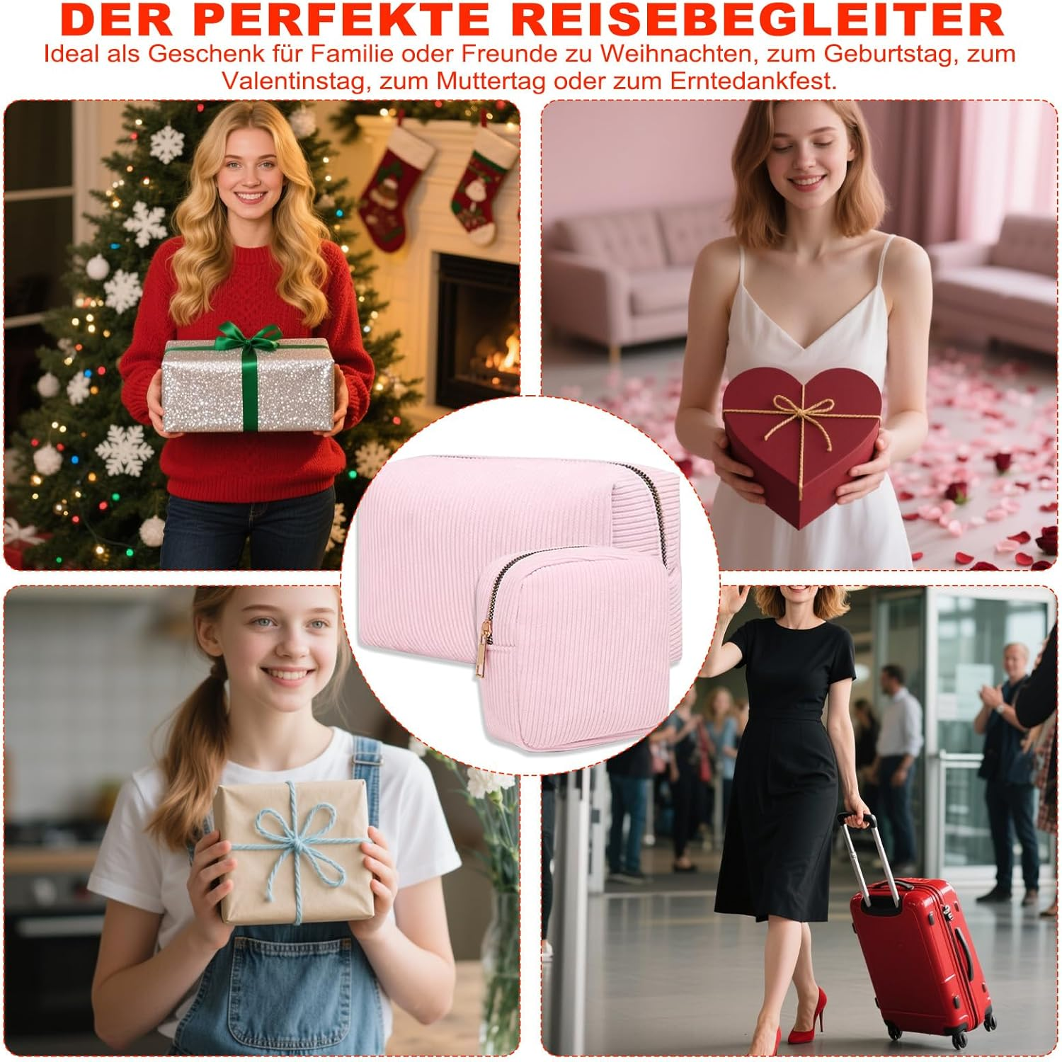 Make up Bag, Pack of 2 Cosmetic Bags, Cord Makeup Bag, Small Cosmetic Bag, Travel Cosmetic Bags with Metal Zip for Handbag (Pink) image number 5