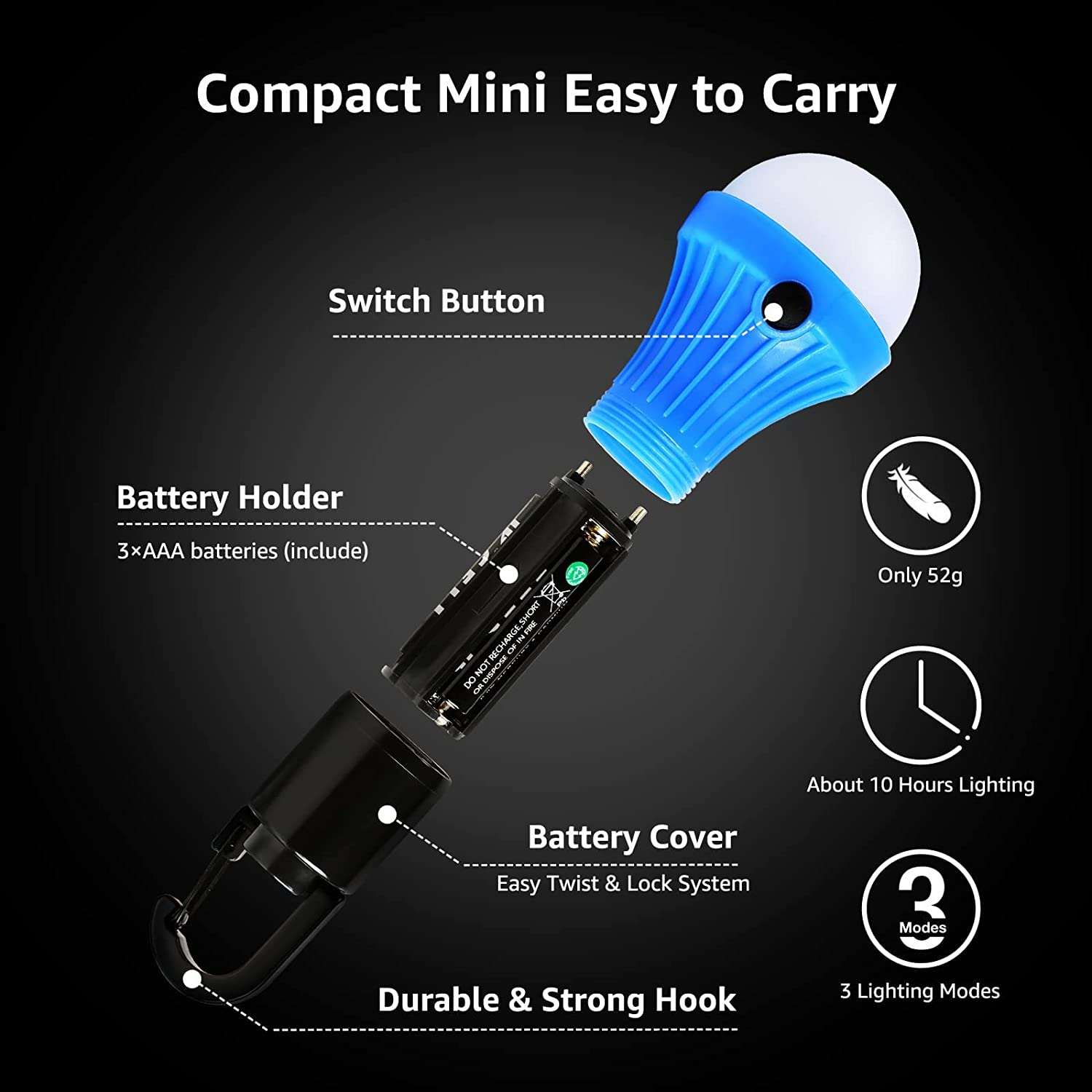 Lepro Camping Lights, Battery Powered Tent Lights, Warm White and Daylight Modes, 4 Pack (AAA Battery Included) image number 3