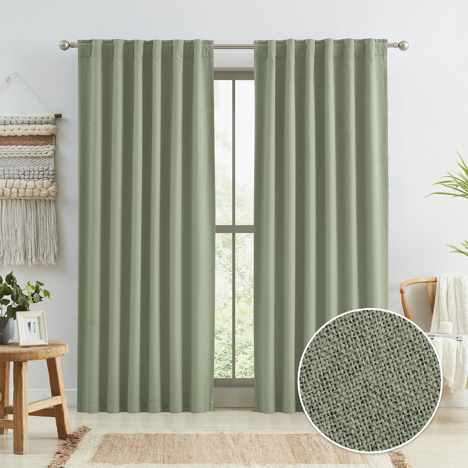 KEQIAOSUOCAI Sage Green Blackout Linen Curtains for Bedroom, Boho Natural Bedroom Home Decor, Long Drapes for Living Room Back Tab Pocket 50 X 96 Inch Length, 2 Panels Set