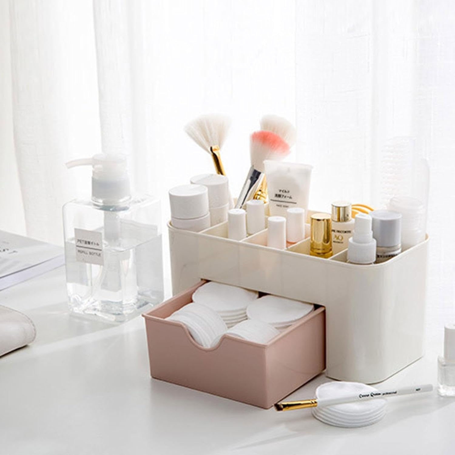 Makeup Organiser - Makeup Storage Box, Cosmetic Storage Organiser | Cosmetic Brush Holder Desk Organiser, Cosmetic Storage Box Drawer Type, Vanity Organiser for Cosmetics, Lipsticks, Jewellery, Pink, - Green image number 5