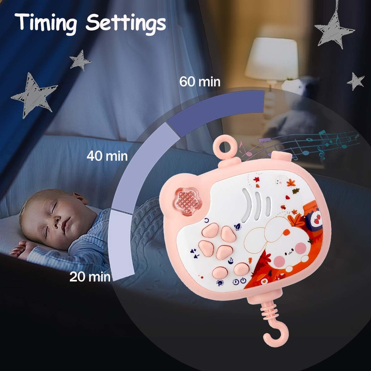 Baby Crib Mobile with Musical, Night Light ＆ Moon Star Projector, Mobile for Crib with Remote Control Timing Function, 360&deg; Rotation Crib Toys for Newborn Infant Boys and Girls(Pink) image number 5