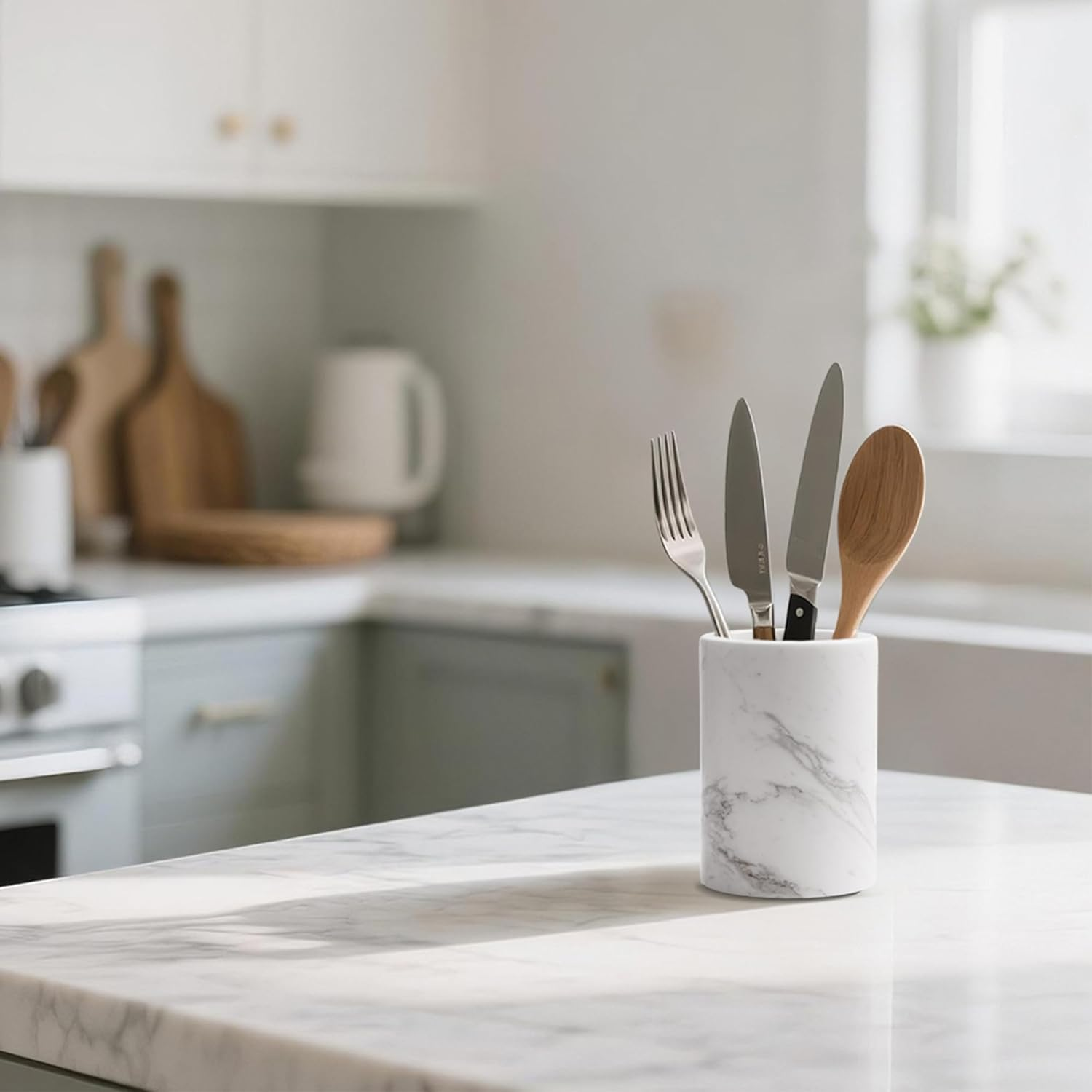 WORHE Natural Marble Pen Holder for Desk, Handcrafted Volakas Sturdy Desk Organizer for Office Supplies Storage Desktop Stationary Makeup Brushes Cup Pencil Holders for Home White (DL002) image number 1