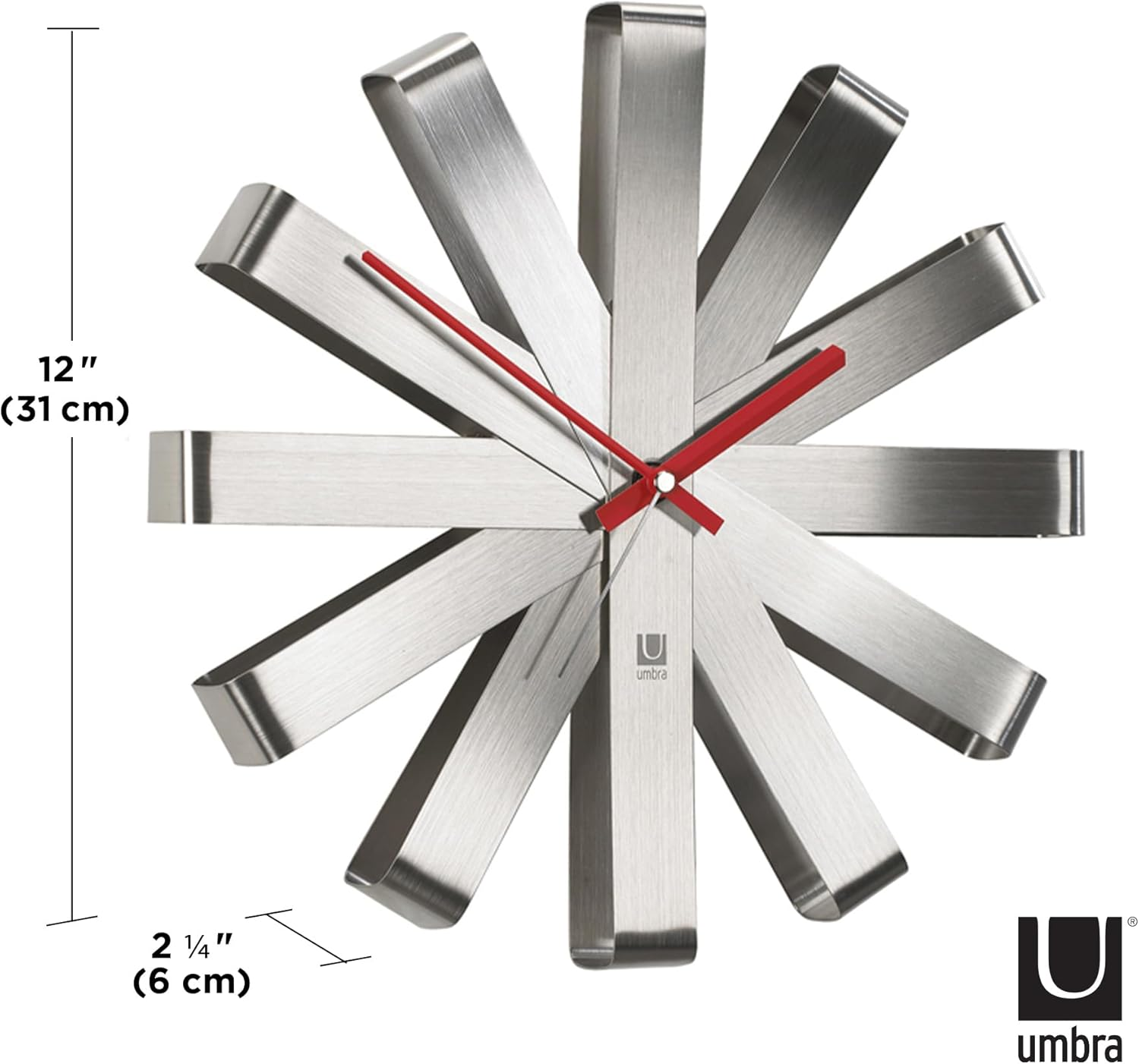 Umbra 118070-590 Stainless Steel Ribbon Modern 12-Inch, Battery Operated Quartz Movement, Silent Non Ticking Wall Clock Decor, 12" Diameter X 2.25&rdquo; Width X 12" Height image number 2