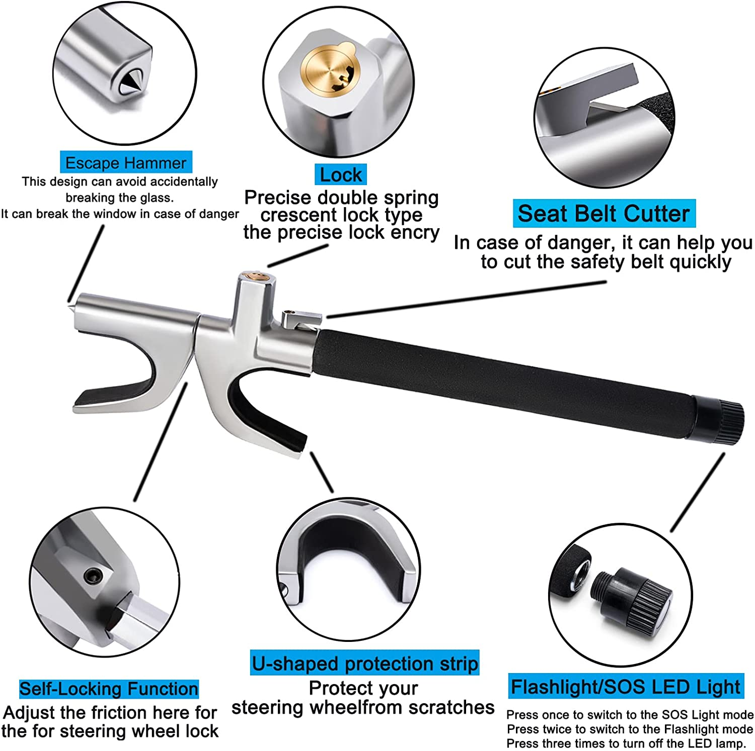 4-In-1 Steering Wheel Lock with Flashlight/Sos LED Ligth,Seat Belt Cutter,Escape Hammer,2 Keys Retractable Steering Lock,Vehicle Anti-Theft Lock，Universal for Auto/Truck/Suv/Van Black image number 1