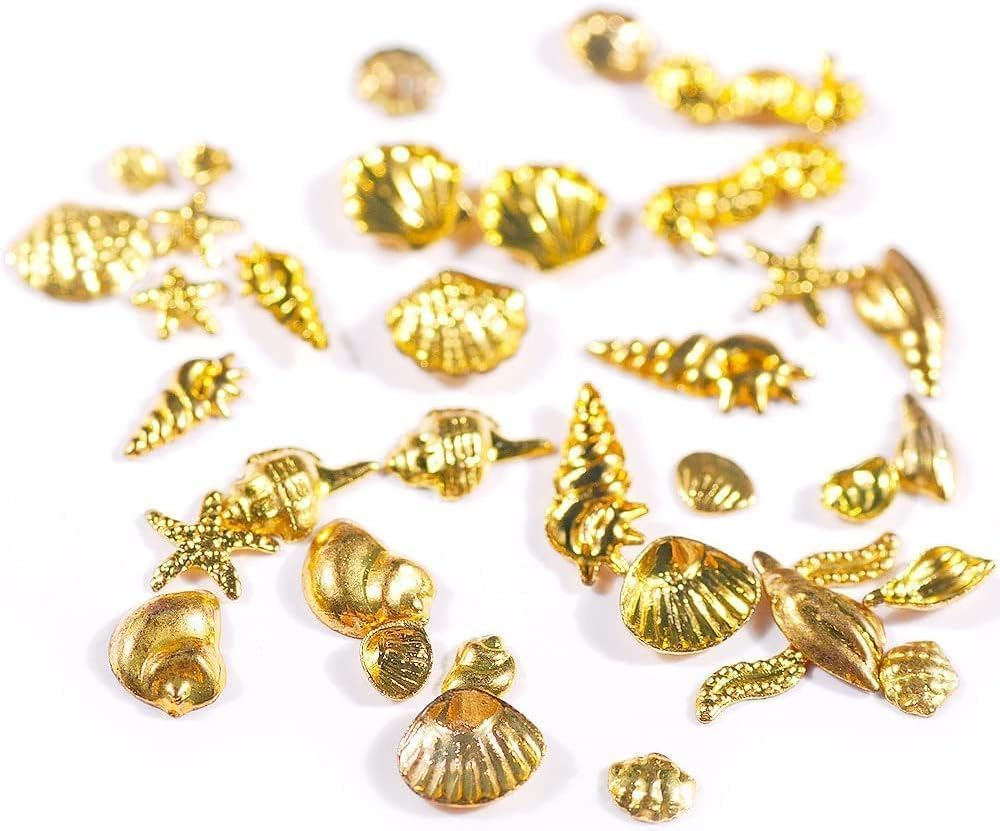 12 Styles Nail Art Metal Studs Gold Metallic 3D Pieces Rivet Palm Tree Turtles Marine Life Charms for Summer Beach Ocean Manicure DIY Acrylic Nails Design Supply Nail Art and Polish(Gold Ocean Studs)