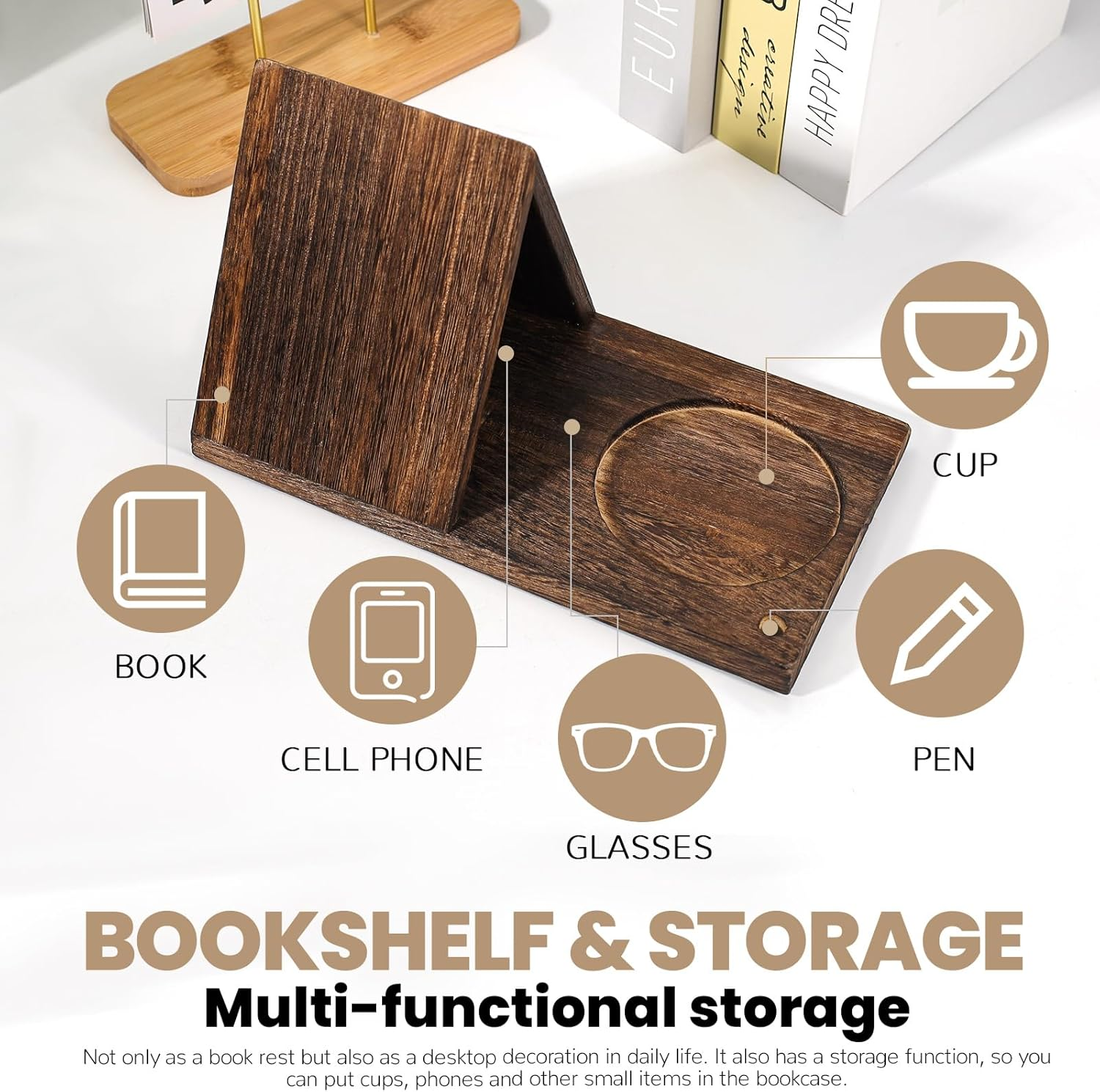 Triangle Wood Book Rest with Cup Holder, Mini Wooden Book Holder Bookcase, Book Stand for Reading, Book Nook Reading Valet for Bedroom Nightstand Office Desk (Brown) image number 3