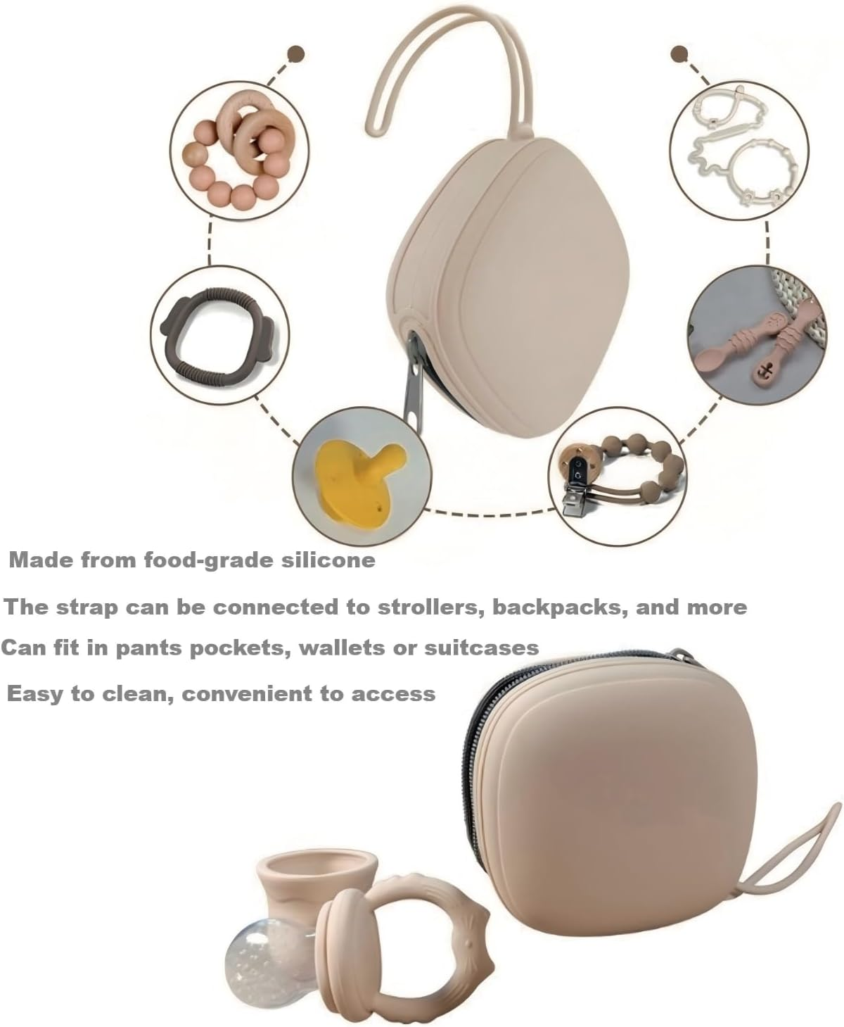 AHGXG 2 Pack Silicone Pacifier Holder Case, Portable Pacifier Case for Diaper Bag, BPA Free Newborn Baby Pacifiers Silicone Pouch for Boys & Girls (Light Grey+Shifting Sand) image number 3