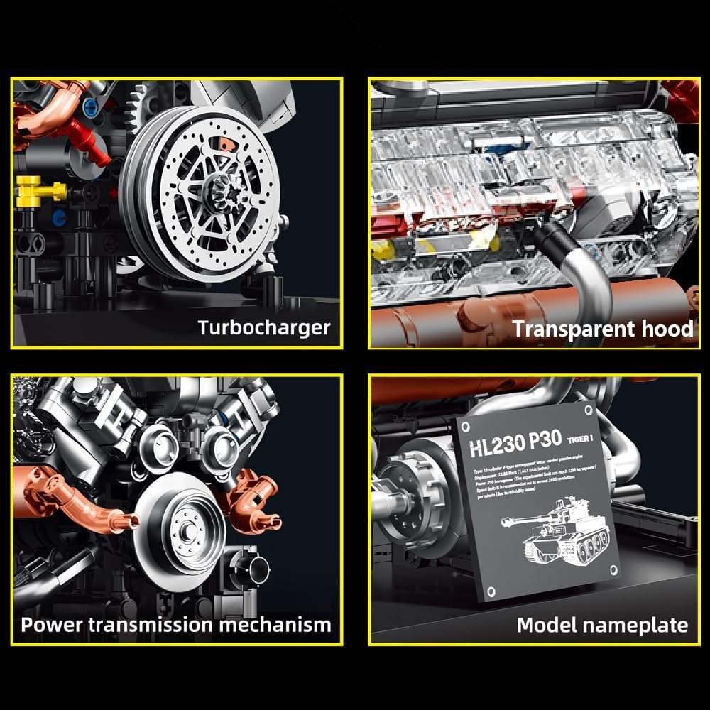 DUANT 39064 Tiger Tank Engine Building Block Set, 1236 Pieces Motor Model Building Block Set, Adults and Teenagers Physics Science Experiment Model Gift (95008)