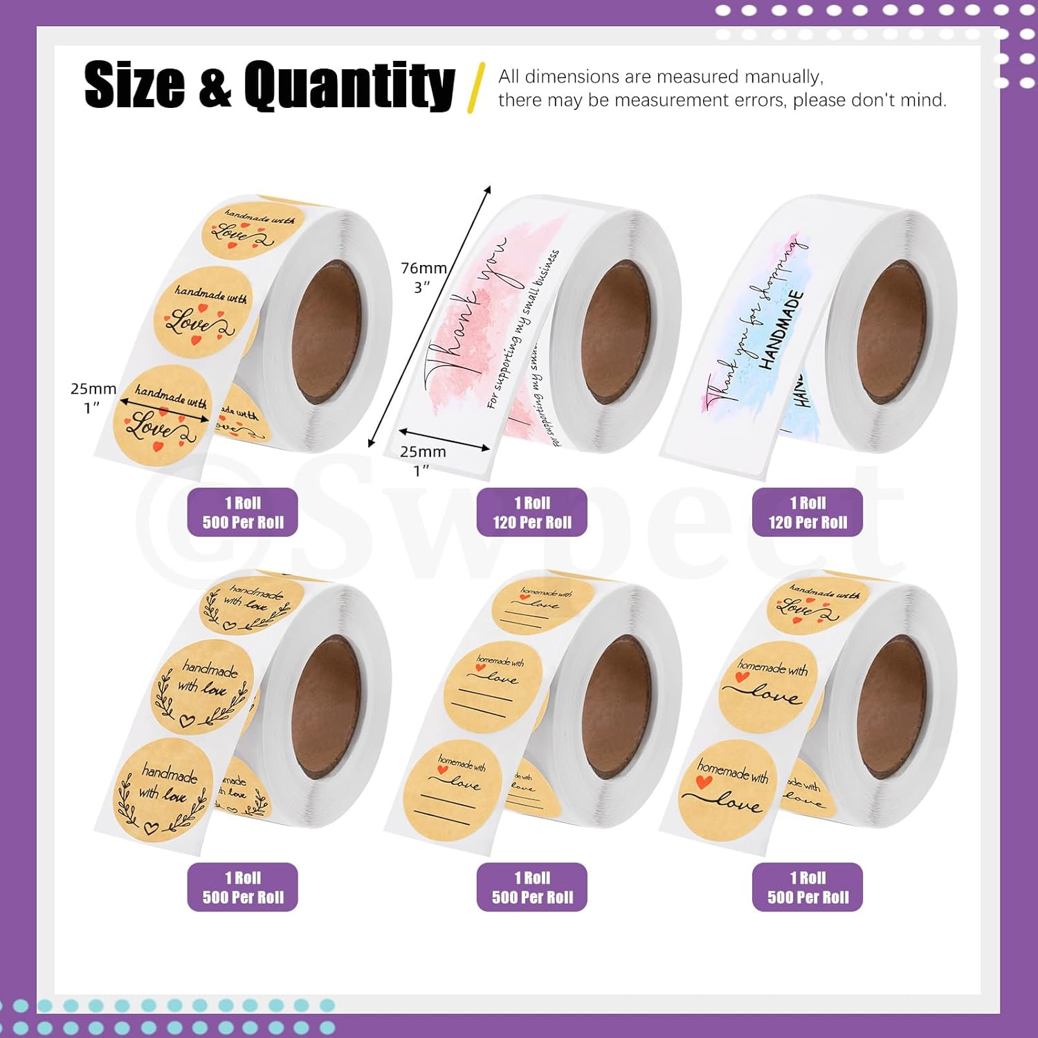 Swpeet 2240Pcs 1 Inch 4 Rolls Brown Kraft Love Stickers Printing in 5 Styles 500 per Roll & 2 Rolls Thank Stickers 120 per Roll Assortment Kit, Waterproof and Self-Adhesive Stickers (In Total 6 Rolls) image number 1