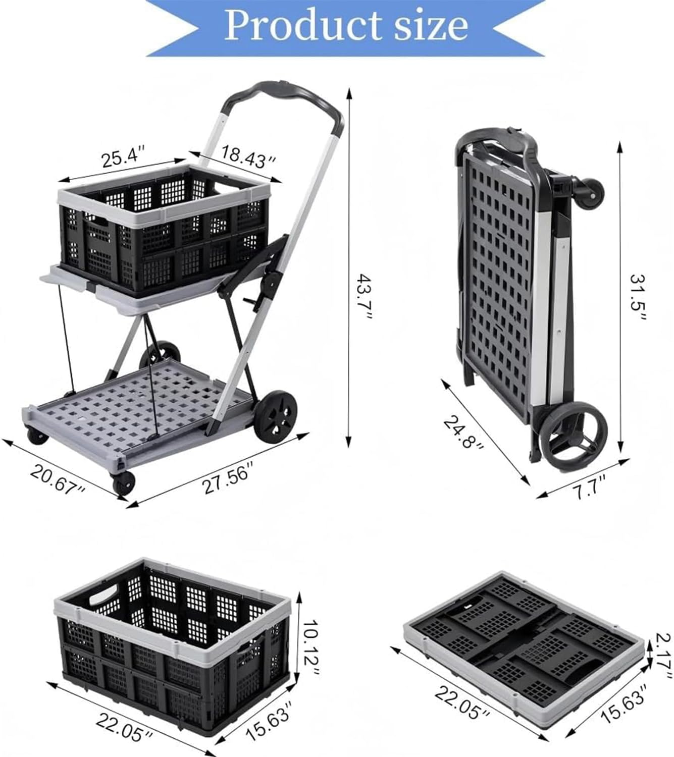 Folding Shopping Cart 2 Tier Multi Use Mobile Trolley Functional Collapsible Carts with Wheels and Removable Folding Storage Crates, for Groceries,Camping,Garage, Supermarket (Single Layer) image number 2