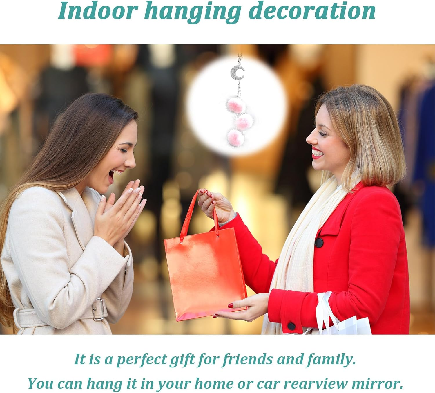 Ziciner Bling Diamond Heart Car Interior Accessories, Car Mirror Hanging Ornament for Women, Love Heart & Pink Plush Ball Decor Ornament Pendant, Car Hanging Decoration Charm Pendant (Moon/Pink) image number 6