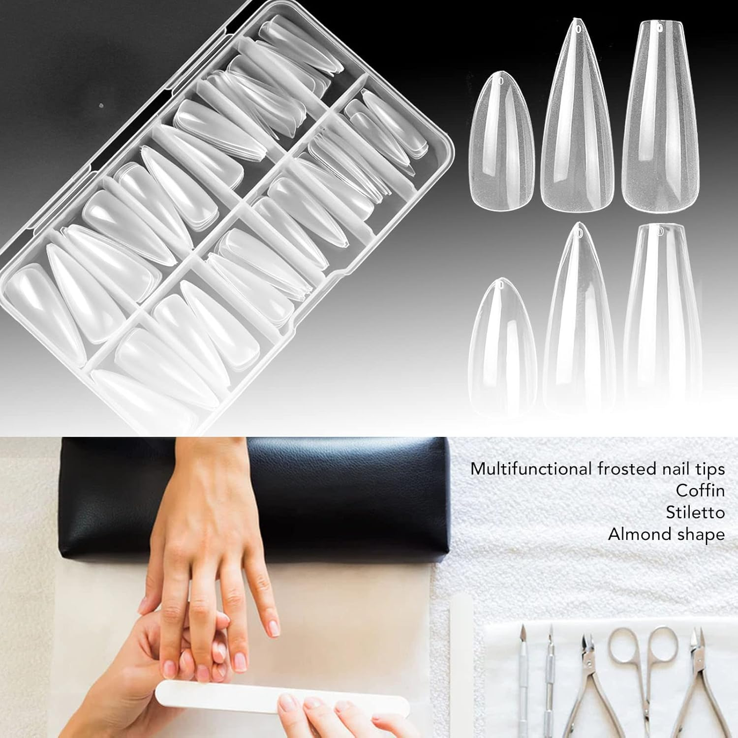 Ejoyous 360PCS ABS Frosted Nail Tips (3 Boxes X 120PCS) Including Coffin/Stiletto/Almond Shapes, Multiple Sizes Fits Professional Nail Artists File/Paint, Home DIY Durable image number 6
