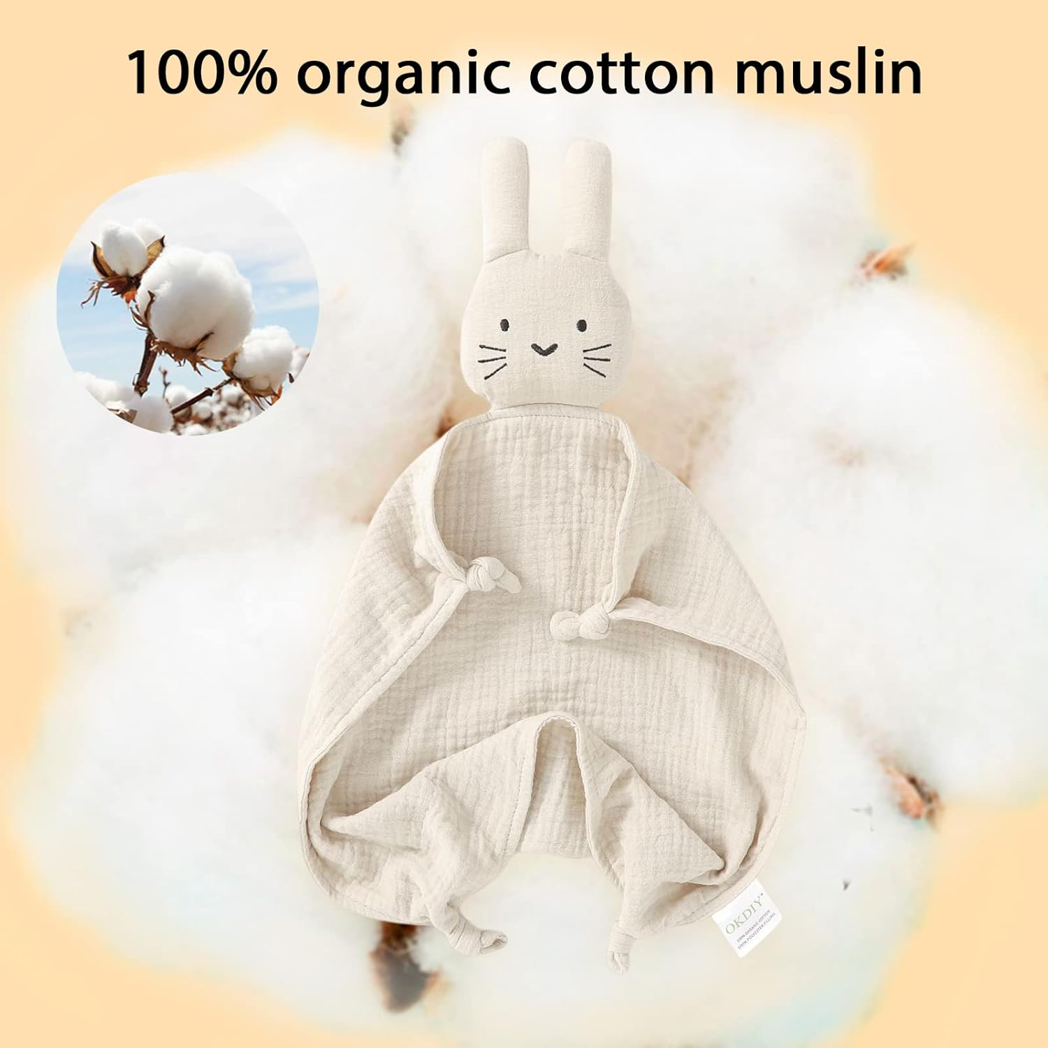 Okdiy Organic Cotton Muslin Lovies for Babies Bunny Lovey,Soft & Breathable Baby Lovey Security Blankets for Babies Boys and Girls Gifts image number 4