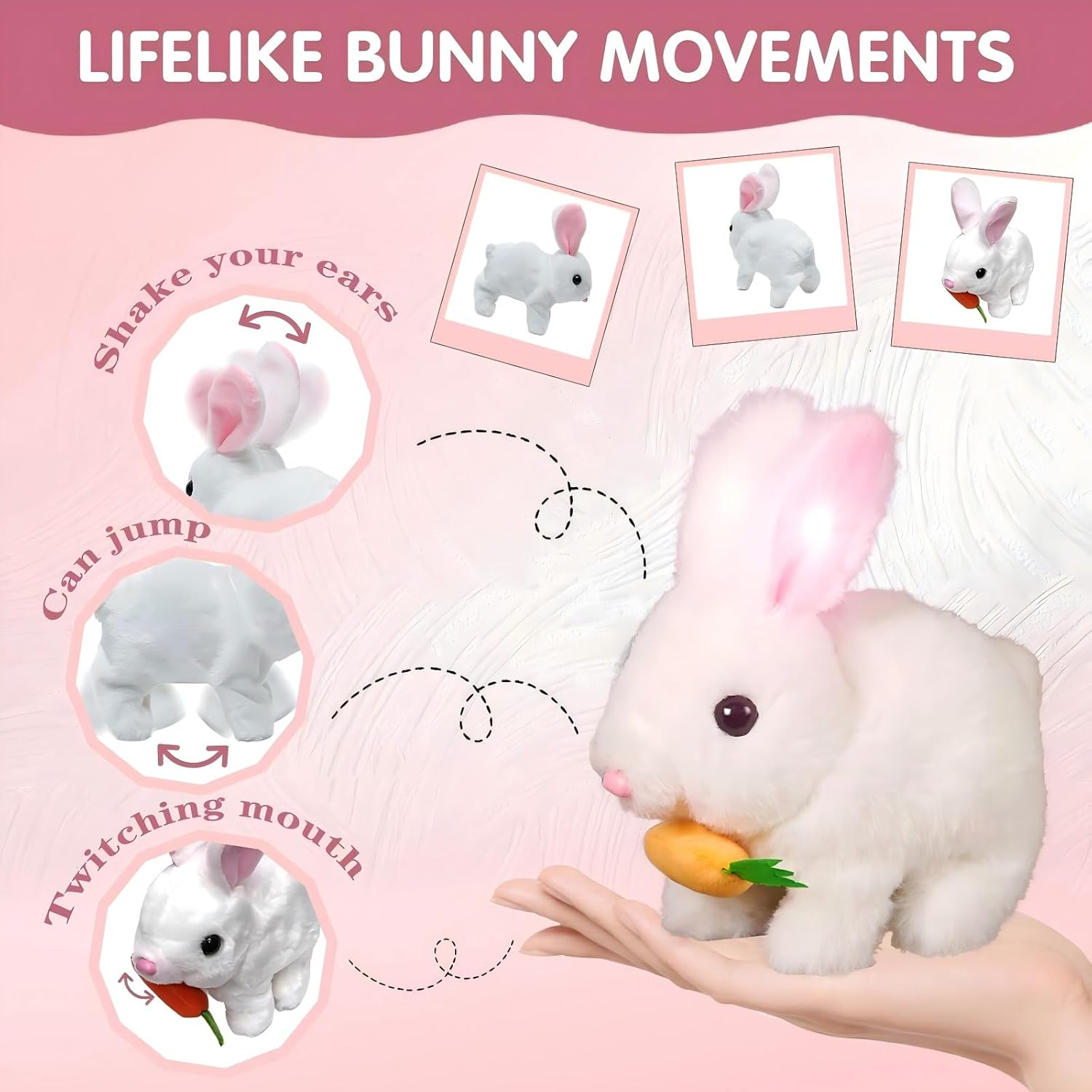 Bunny Toy - 2Pcs Easter My Realistic Bunny Toy, Plush Interactive Rabbit Toys - Can Walk, Talk,Jumping, Twitching, and Shaking Ears, Bunbi Realistic Toys (White & Pink) image number 1