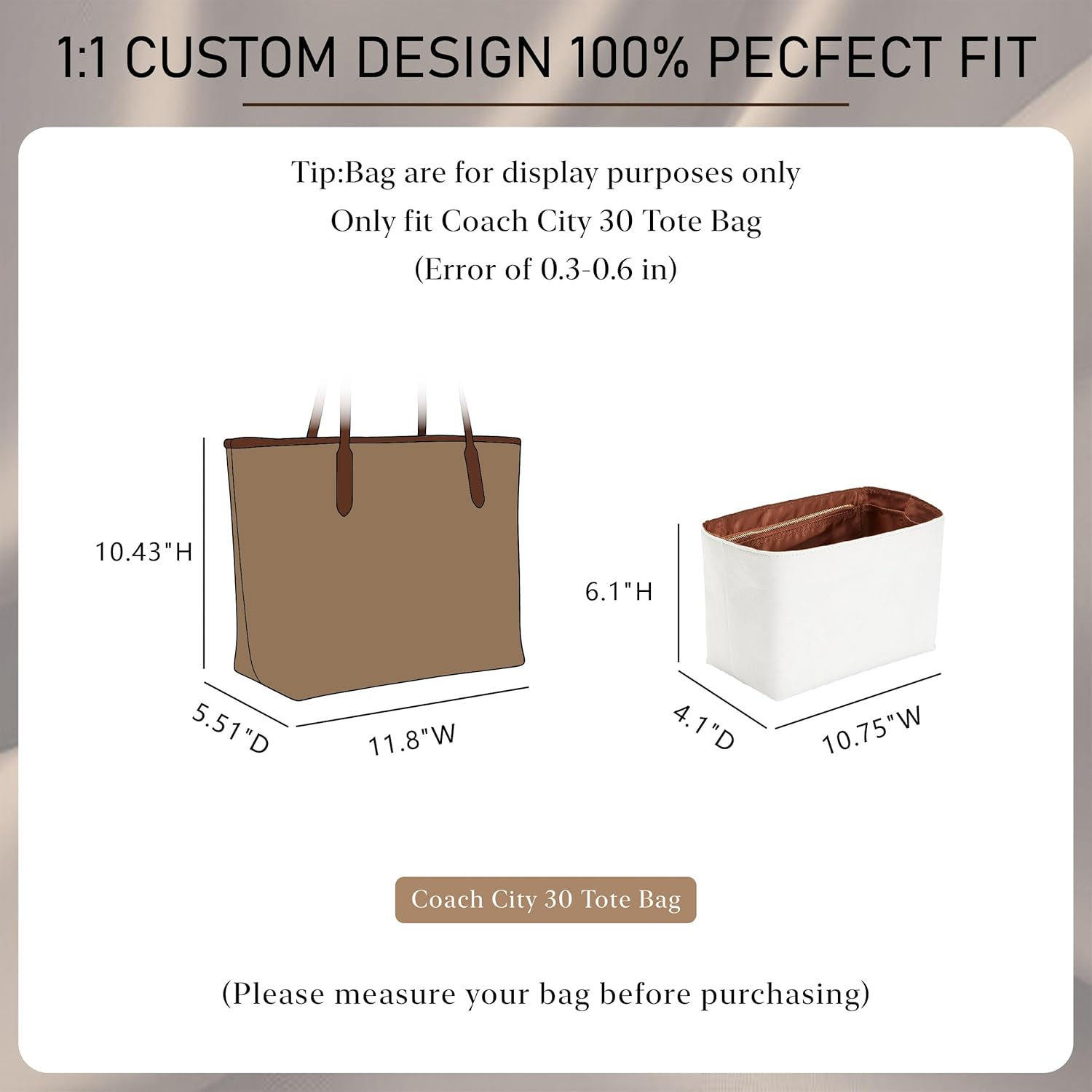 Doxo Purse Organizer Insert for Coach City Tote 30, Lightweight Tote Bag Organizer with Keychain, 9 Pockets Bag Insert with Cup Holder Zippered Section, Handbag Organizer Storage Divider (White Brown)