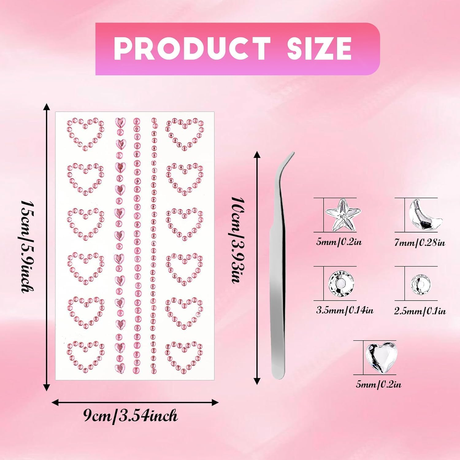 5 Sheets Self Adhesive Face Gems for Makeup - 3D Heart Star Moon Rhinestone Stickers, Eye Nail Body Crystal Pearls Jewels for Festival Crafts image number 6