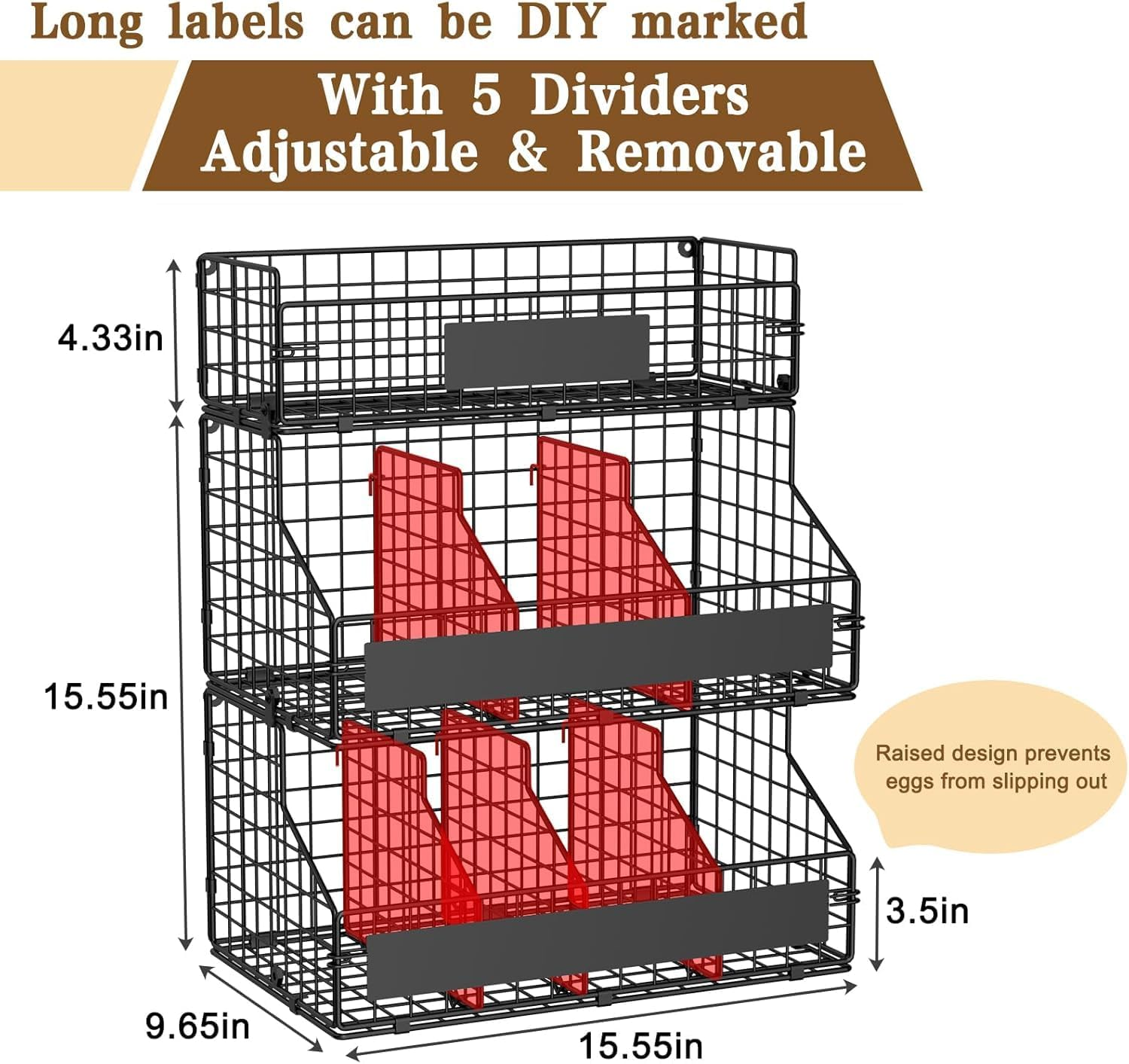 3-Tier Stackable Wire Egg Storage Basket, XXL Countertop Egg Holder with 5 Dividers, Wall-Mountable image number 2