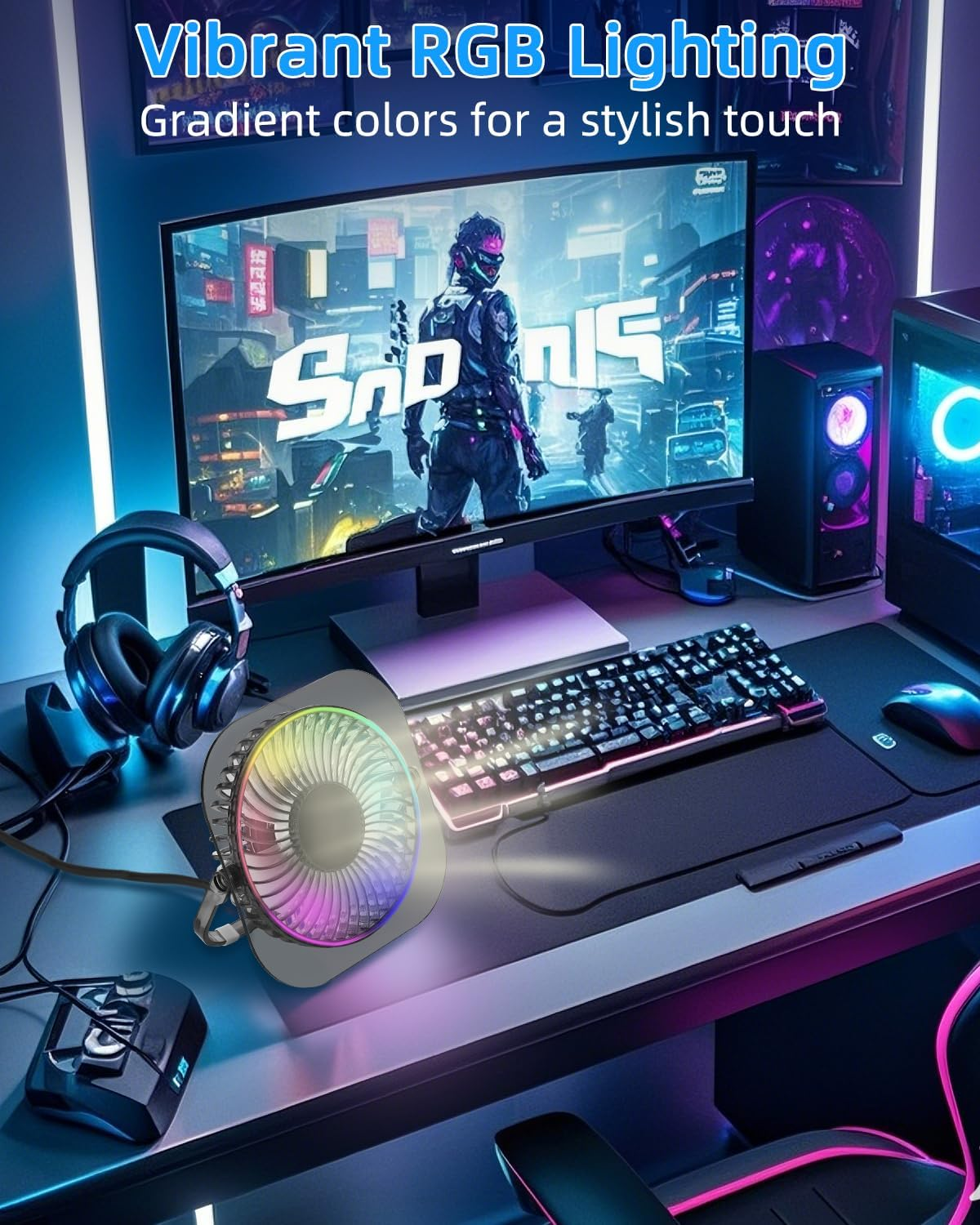 GOBRILLFUN Desk Fan with 3 Speeds, 180&deg; Rotation & Anti-Slip Base &ndash; Usb-Powered RGB Gaming Quiet Cooling Fan for Home, Office, Gaming &ndash; 20,000 Hr Durable Brushless Motor (Transparent Grey) image number 5