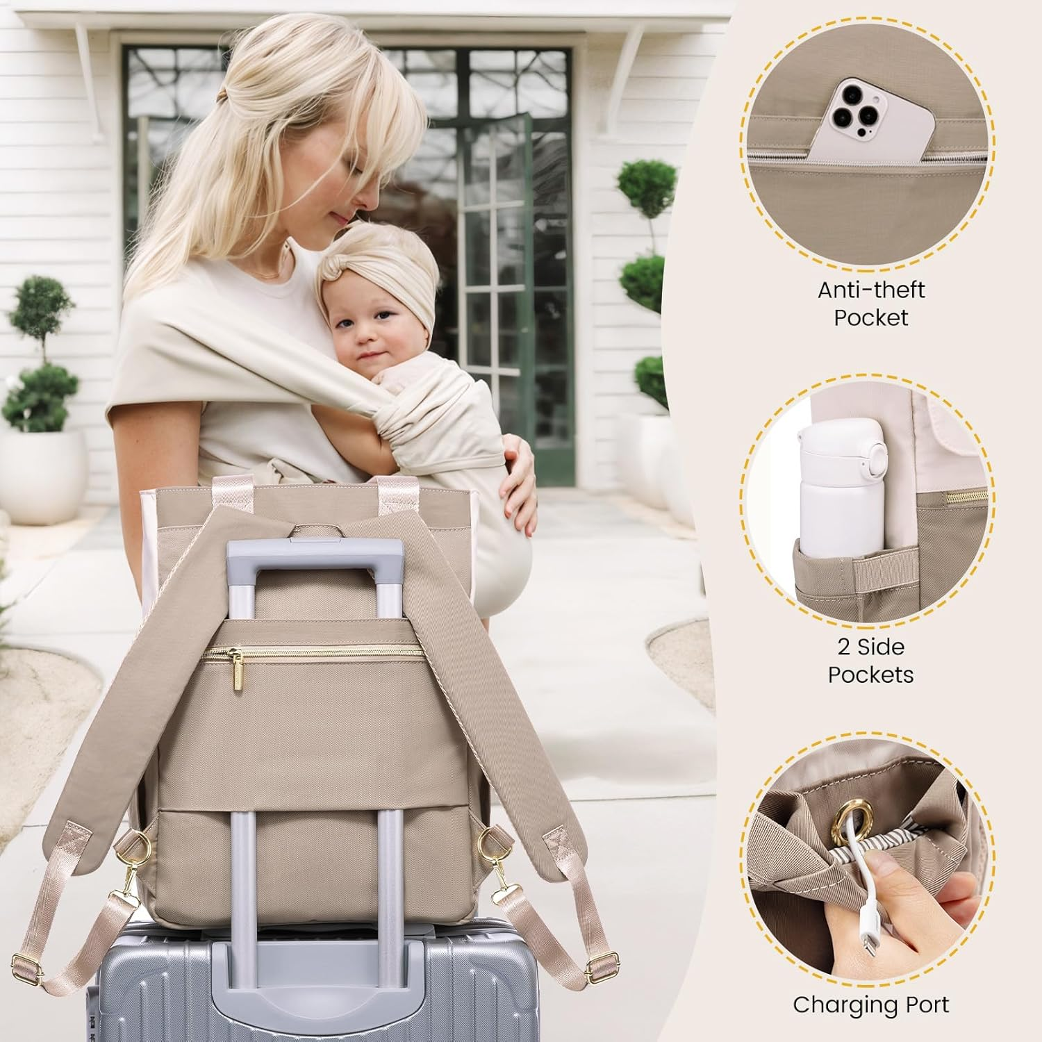 LOVEVOOK Diaper Bag Backpack,Diaper Bag Tote with Insulated Pockets,Baby Bag for Girl Boy with Changing Pad,Large Baby Diaper Bag with Pacifier Case,15.6 Inch Anti-Theft Laptop Backpack for Women image number 4