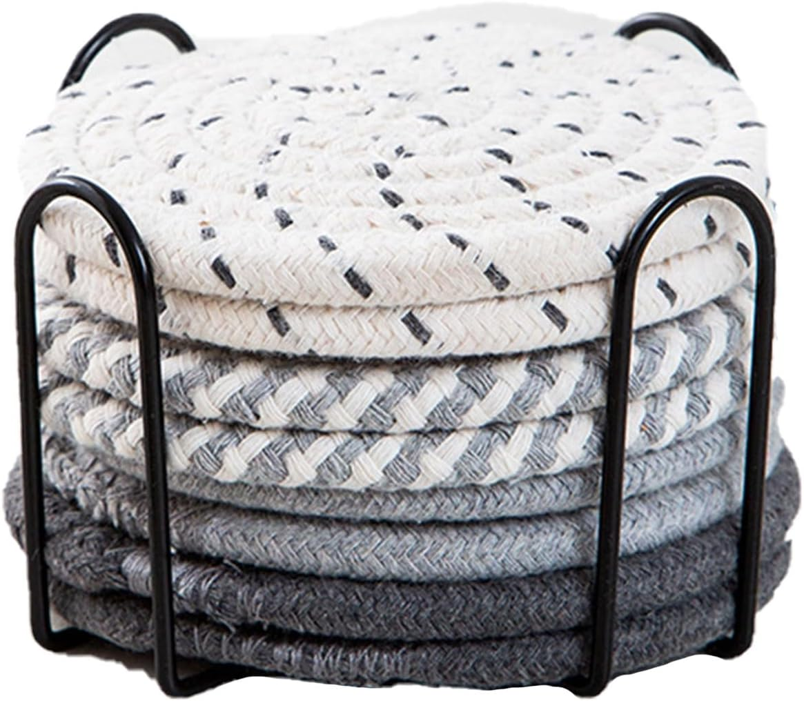 AIMALL 8PCS Nordic Cotton Rope Coasters, round Woven Insulation Mats, Thick Heat-Resistant Placemats for Kitchen and Dining, 3 Styles, 7.3 Inches