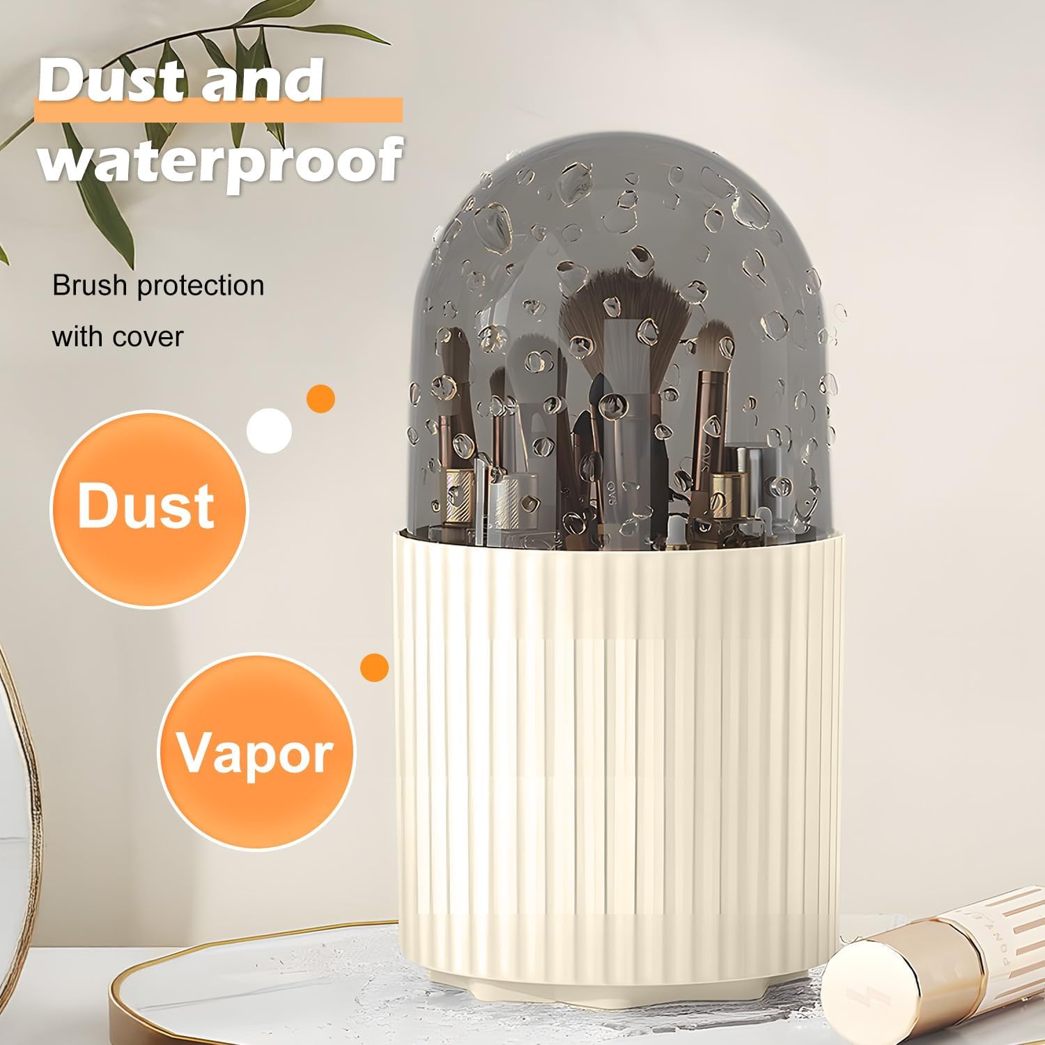 TORMEN Makeup Brush Holder Organizer with Lid 360&deg; Rotating Dustproof Compartment Cosmetic Display Case for Vanity Bathroom Countertop (White) image number 5