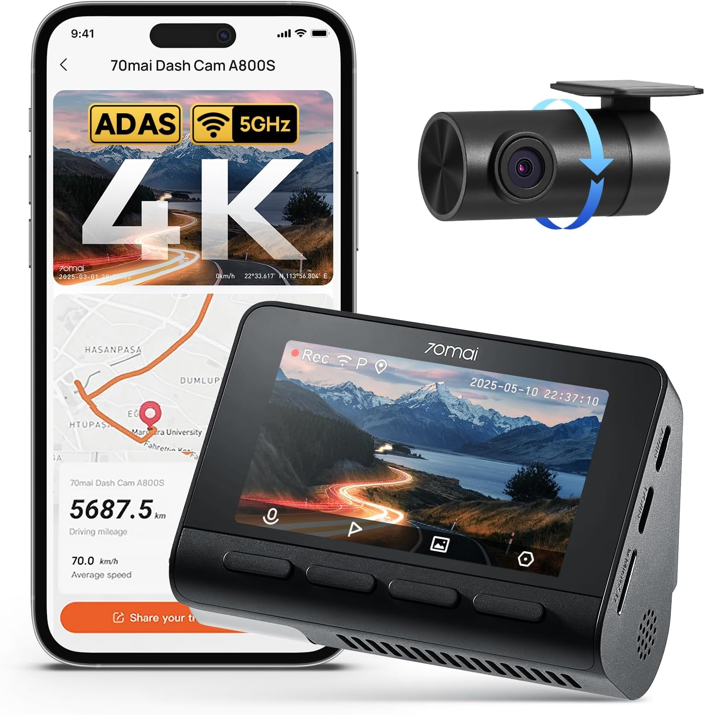 70Mai 4K Dash Cam Front and Rear with STARVIS, Built in 5Ghz Wifi & GPS Car Camera, Super Night Vision, ADAS, 3'' IPS Screen, 24H Parking Mode, Time-Lapse, Loop Recording, Support 256GB Max (A800S) image number 5