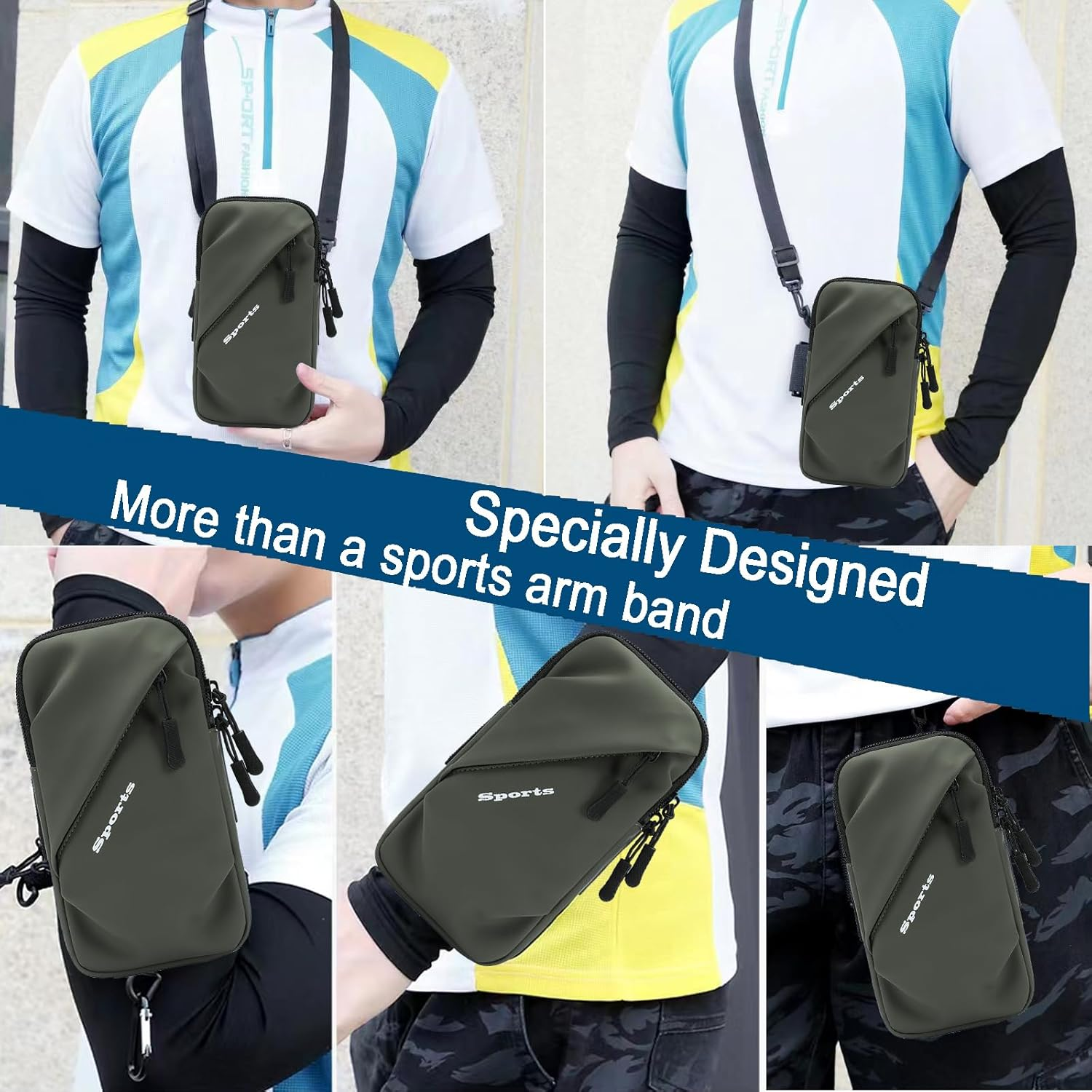 Phone Holder Arm Bands, Small Crossbody Shoulder Holsters Bag with Arm Band, Fits Iphone and All Cell Phones, Use for Running, Walking, Hiking & Biking (Plus Size Army Green) - Black image number 3