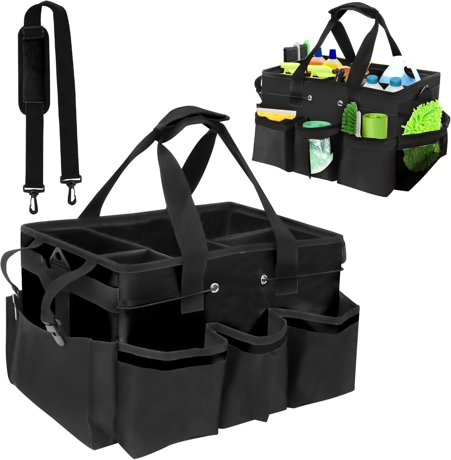 Universal Cleaning Caddy, 40 X 23.5 X 27.5 Cm Cleaning Caddy Organiser with Handle, Large Cleaning Agent Organiser Bag for Cleaning Agents Storage, for Home, Car, Bathroom (Black)