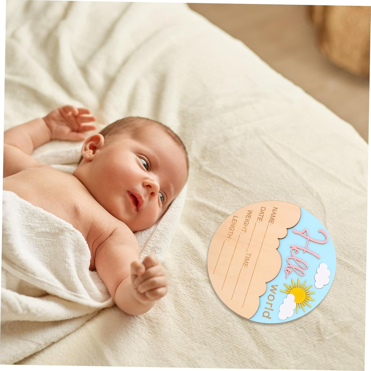 Vaguelly Newborn Name Announcement Sign round Wooden Welcome Board for Shower Hospital Nursery Durable Portable Unisex Photo Smooth Finish image number 2