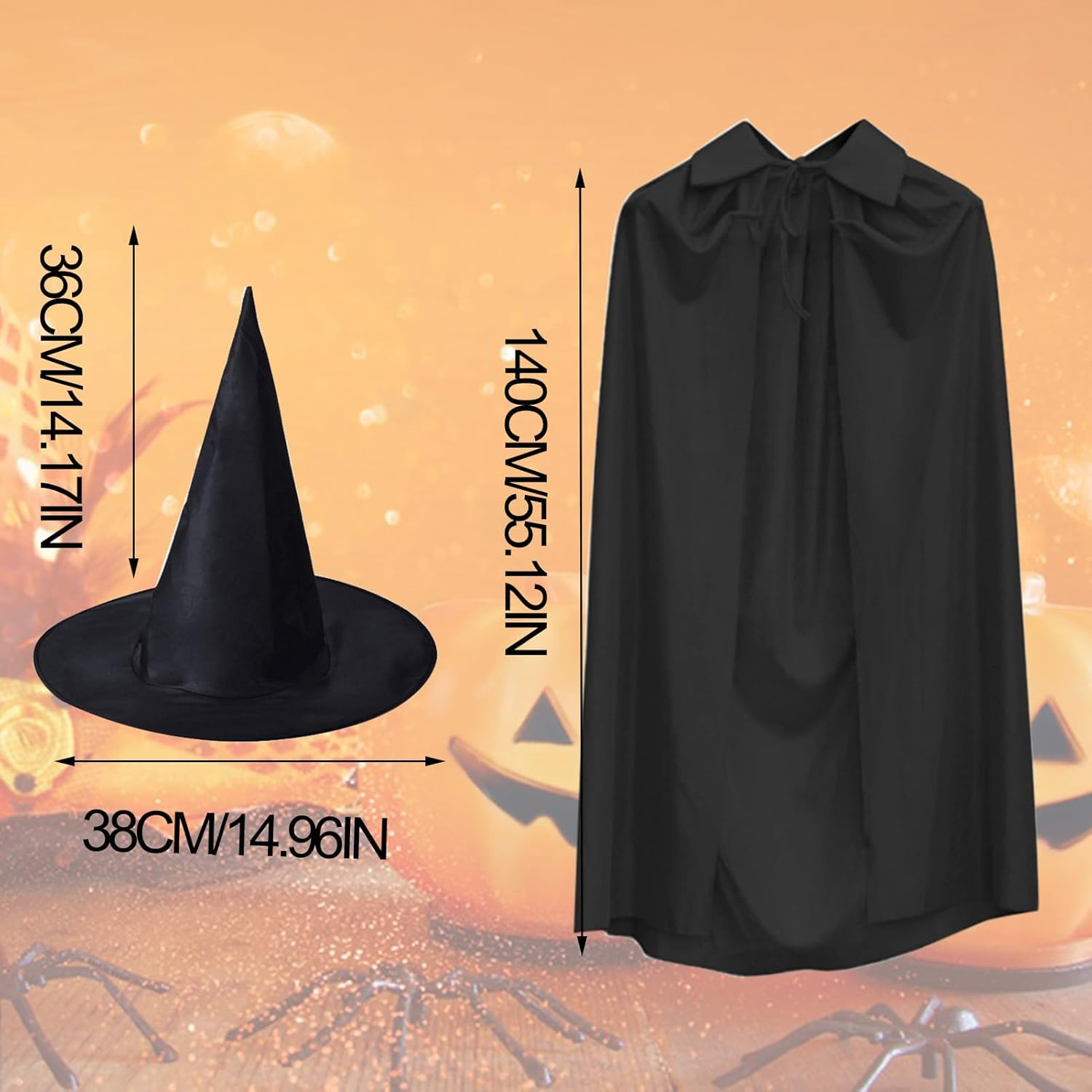 2Pcs Halloween Hooded Cloak Witches Hat Adult, 140Cm Halloween Black Hooded Cape Halloween Witch Hat Grim Reaper Cape Pointed Wizard Hat for Men Women Halloween Witch Vampires Costume Cosplay Party image number 5