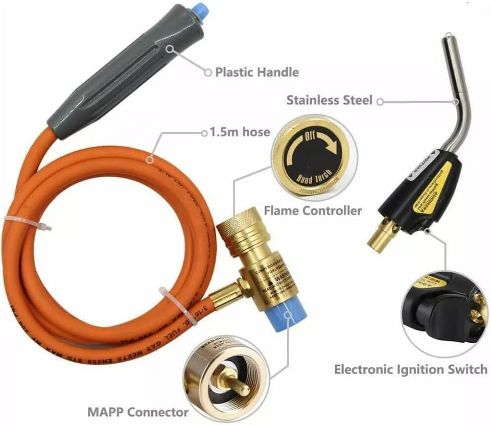 High Intensity Propane Torch with Self Ignition, Mapp MAP Gas Welding Torch with 3 Nozzles & 1.5M Hose Maximum Operating Temperature 1850℃, for Welding, High Temperature Heating, Etc. image number 2