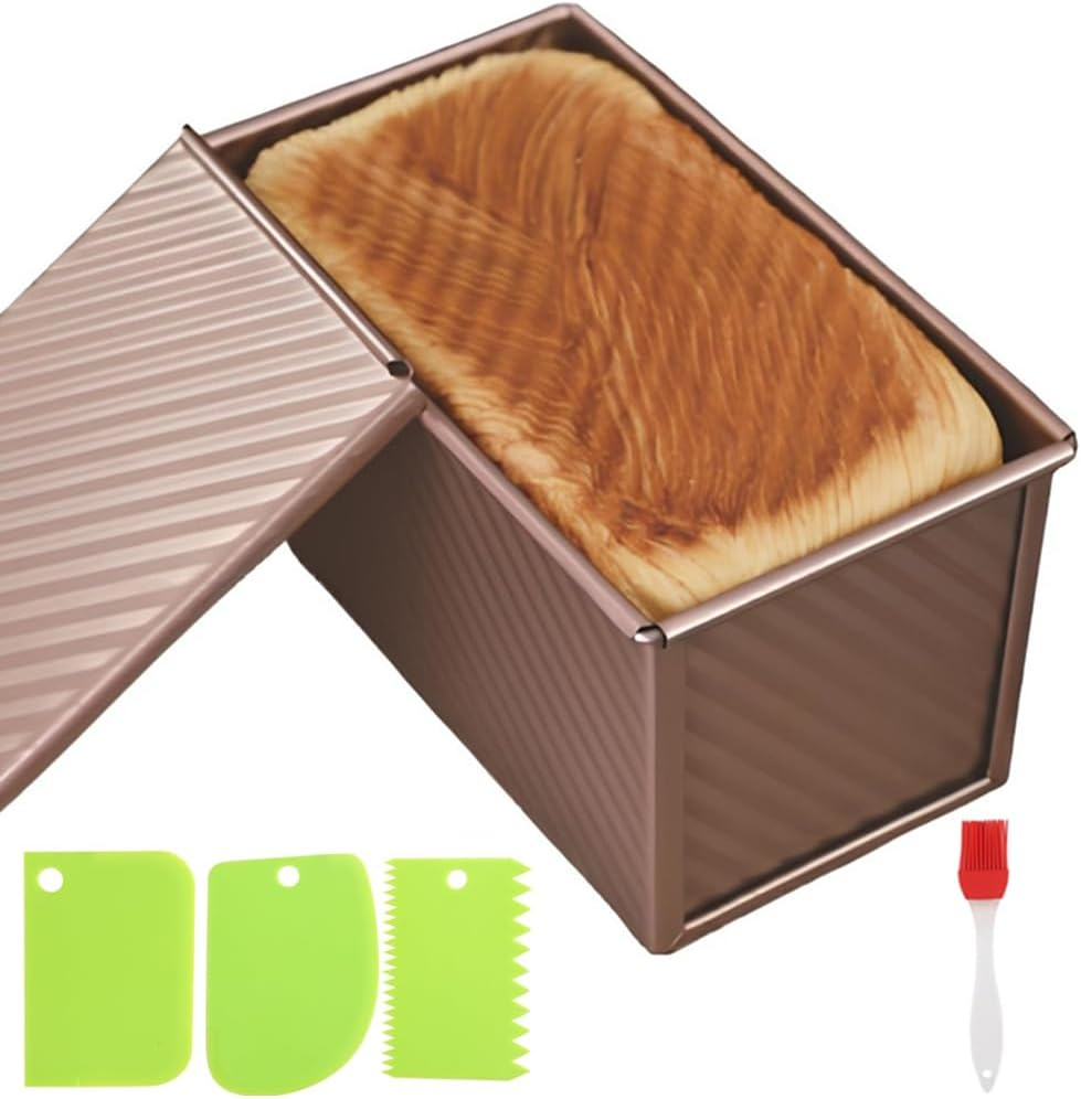 Kitment Loaf Pan with Lid, Bread Tin, 0.99Lb Non-Stick Carbon Steel Bread Bakeware Toast Mold Rectangle Corrugated Toast Box for Oven Baking with Bench Scraper, Oil Brush image number 5