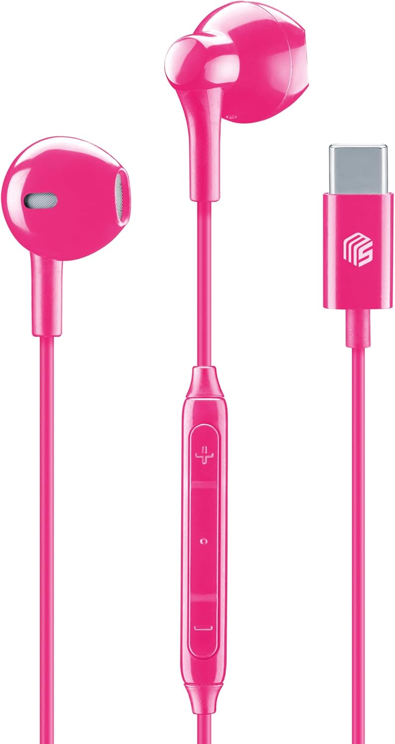 Music Sound - Capsule Headphones - Headphones with Cable and Microphone - USB-C Compatibility - Metal Details - Colour Pink
