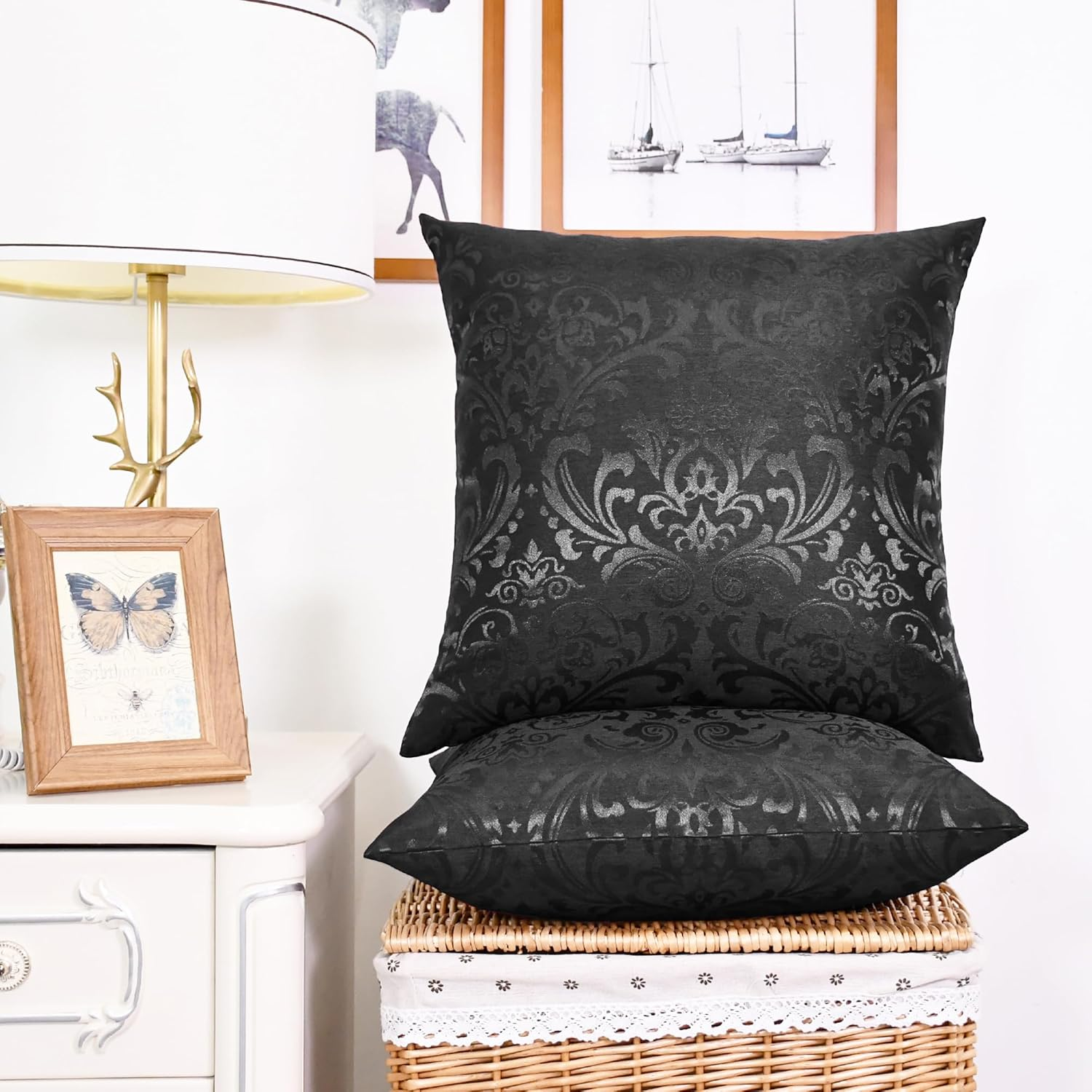 Pack of 2 Calitime Throw Pillow Covers Cases for Couch Sofa Home Decoration Vintage Damask Floral Shining & Dull Contrast 18 X 18 Inches Black image number 3