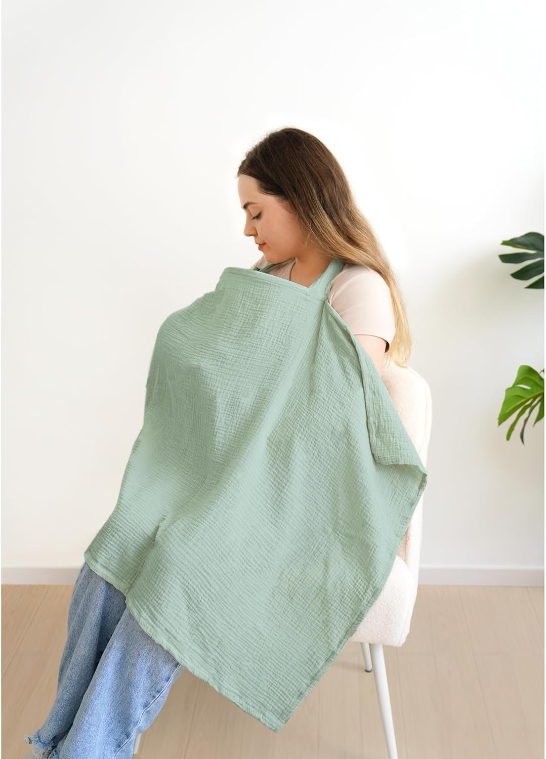 Qunlions Life Muslin Nursing Covers for Breastfeeding, Privacy Breast Feeding Cover with Arch Neckline for Mom and Baby, Breathable 100% Cotton Nursing Apron Multi-Use Stroller Cover (Green)