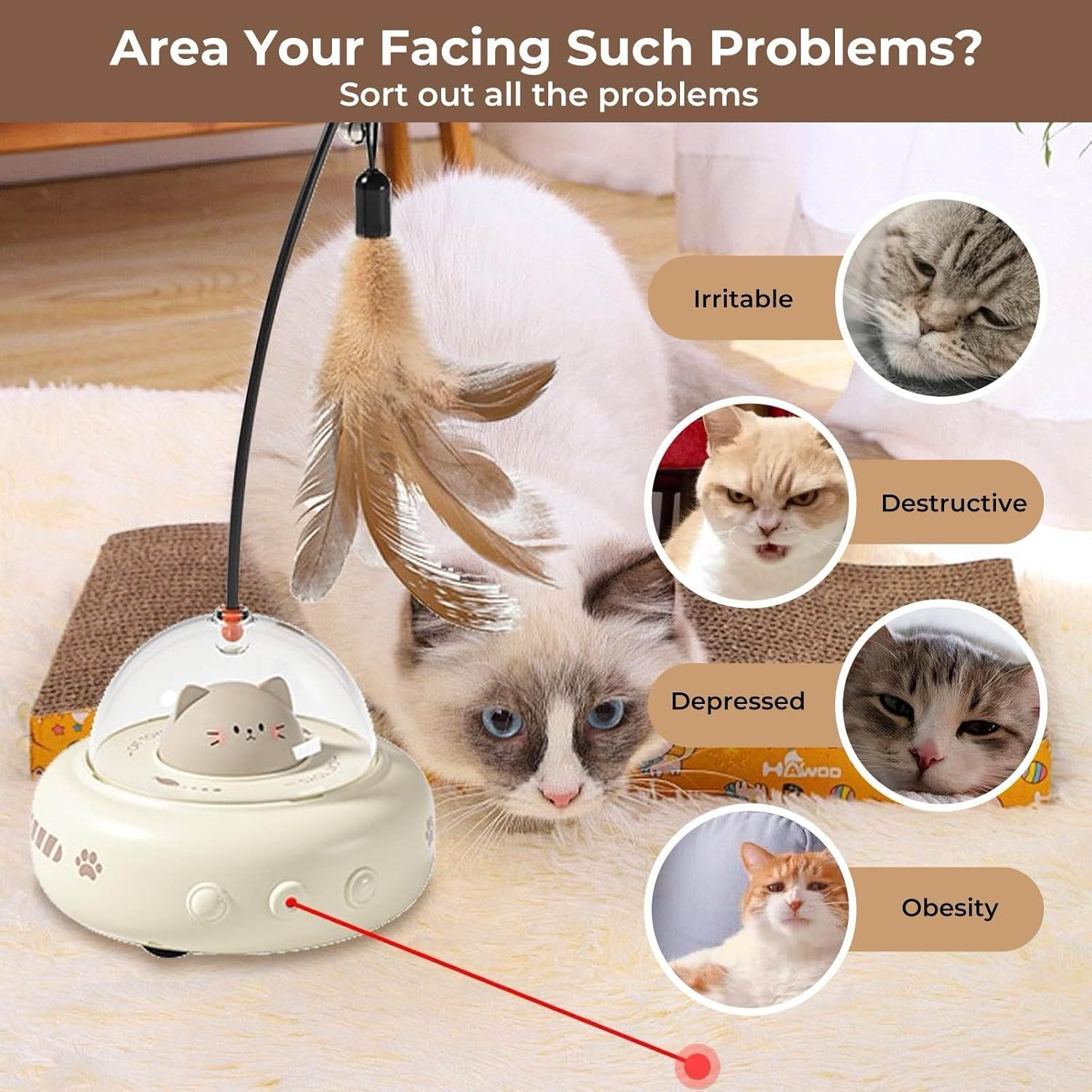 VCCLFSIA Automatic Laser Cat Toy, 2-In-1 Interactive Cat Toys with Laser and Feather Cat Wand for Indoor Cats, Self-Moving Rechargeable Cat Teaser Toys image number 5