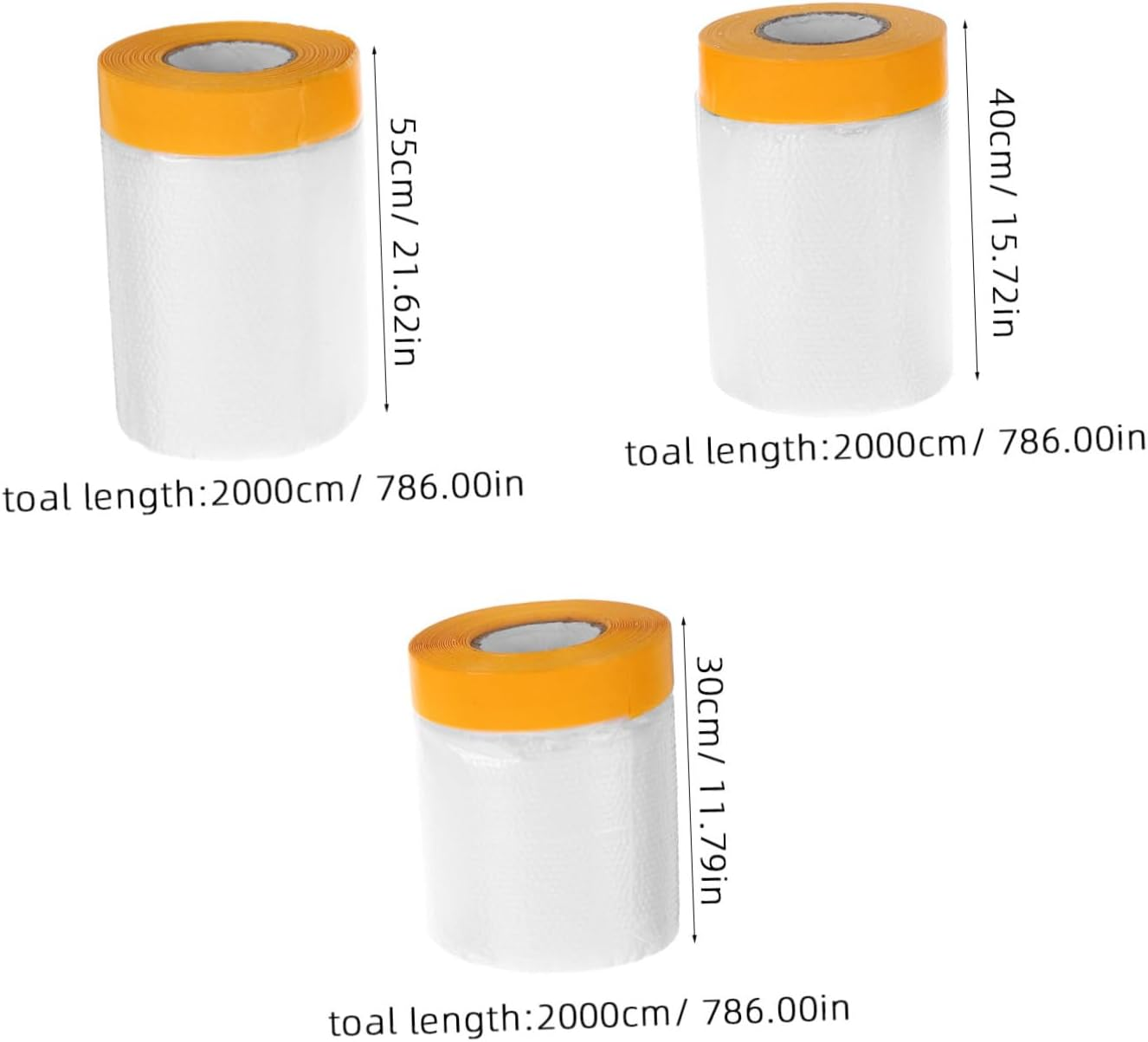 3 Rolls Masking Tape Pre-Taped Paint Protection Film, Dustproof Plastic Sheeting Adhesive for Furniture, Automotive, Wall Covering, 30Cm 40Cm 55Cm Each