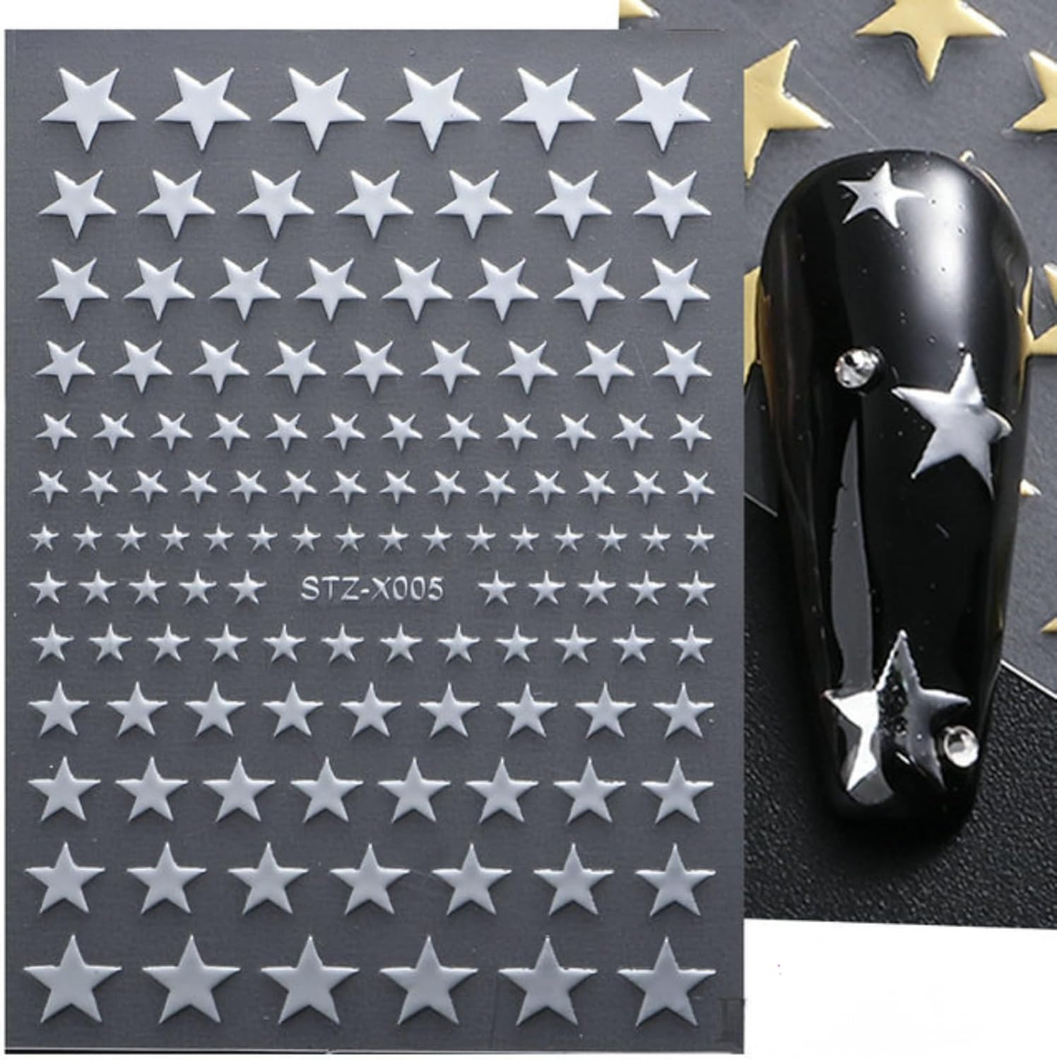 6 Sheets Nail Art Sticker, Self-Adhesive Decals with Glitter, 3D Holographic, Star, and Heart Designs, Nail Supplies for Stunning Nail Art Design and Decoration Accessories (Gold+Silver) image number 3