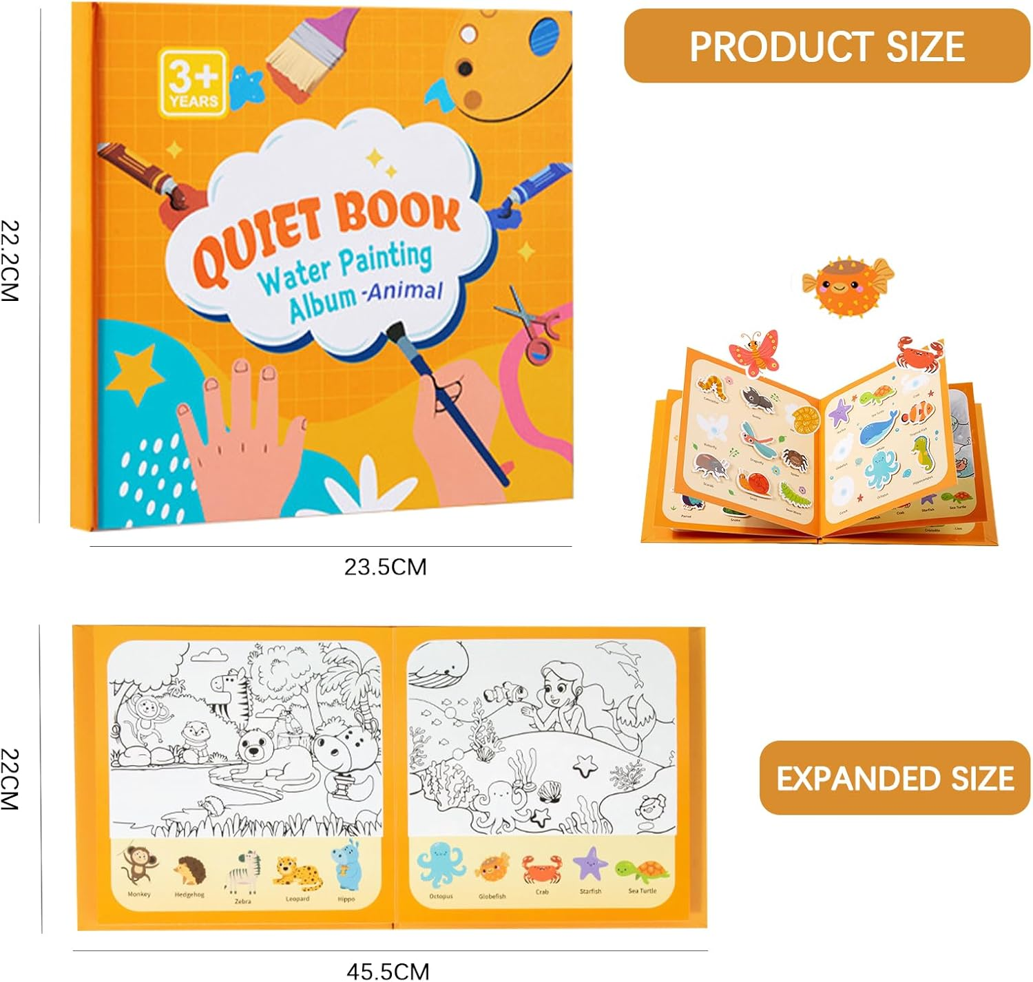 Montessori Busy Board, Water Coloring Books, 2-In-1, 2 Pack: Animal &Traffic Themes, Mess Free Travel Quiet Books for 36 Months - 6 Years, Kids Learning Educational Sensory Toys, Birthday Gifts