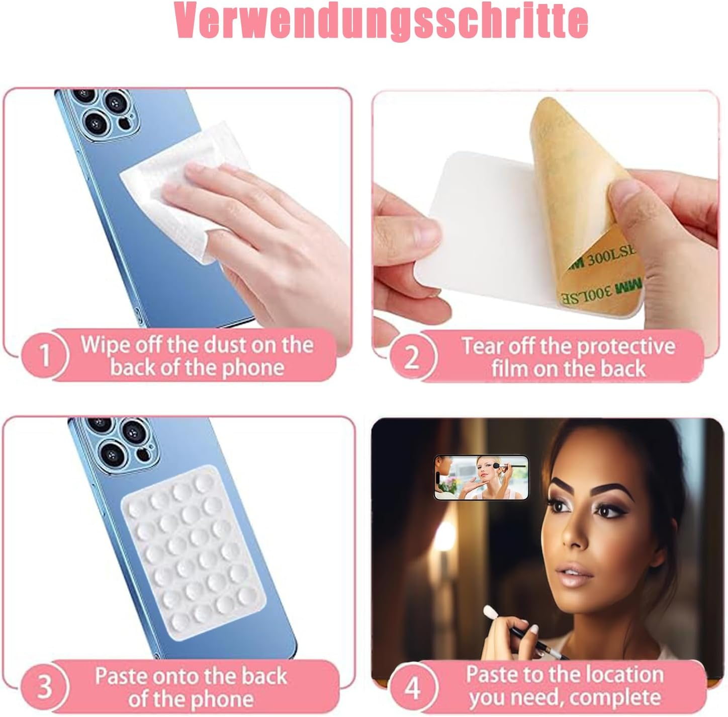 Zakora 4 Piece Cell Phone Suction Cup,Silicone Suction Cup Cell Phone, Adhesive Back,For Mobile Power Cellphones Selfies and Videos (Black White Pink)