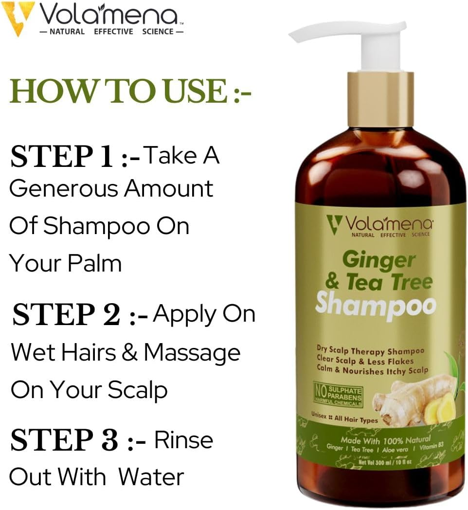 VOLAMENA with DEVICE Ginger & Tea Tree Shampoo with anti Dandruff Active Ingredients 300 Ml 10 Fm Oz image number 2