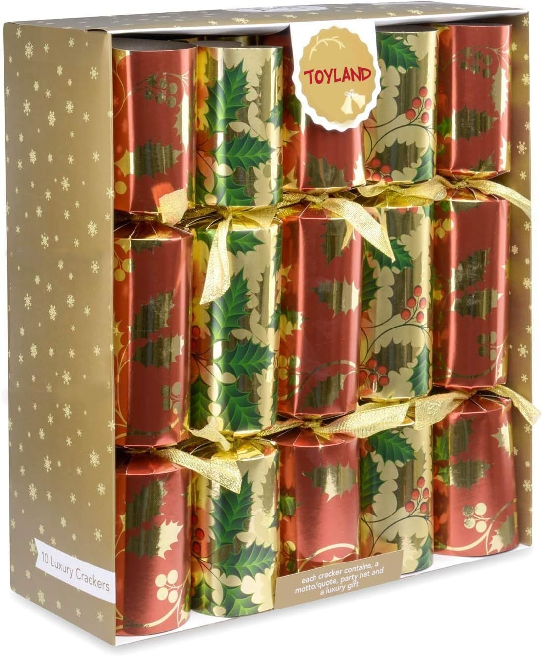 10 X Deluxe Large Christmas Crackers - Red, Green and Gold with Holly Design