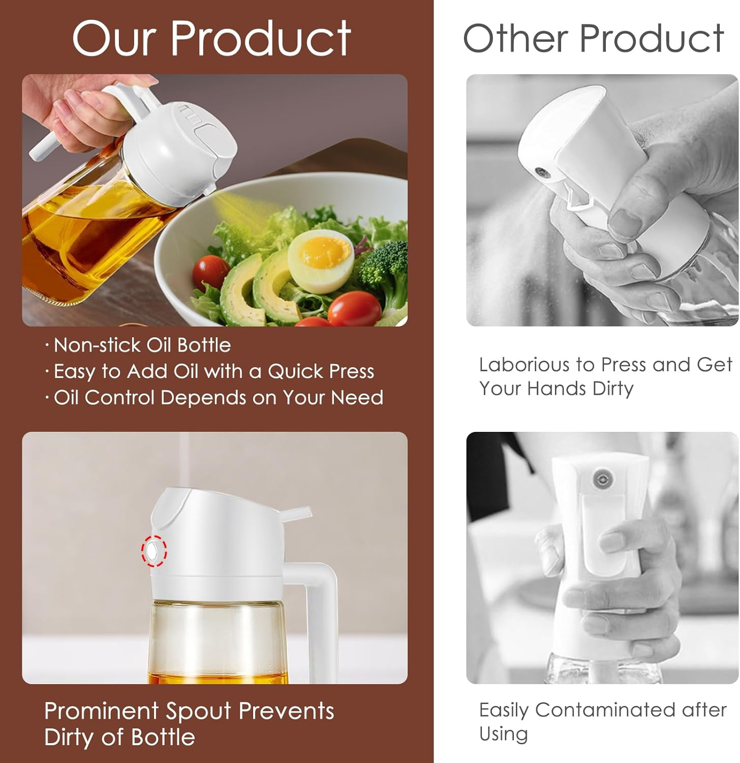 Vivva 16Oz/470Ml Olive Oil Dispenser - 2 in 1 Olive Oil Spray Bottle for Cooking Oil Sprayer Glass Oil Bottle Kitchen Tools, Premium Food-Grade Oil Mister for Air Fryer, Salad, Frying and BBQ (White) - Black  Oil Brush image number 2