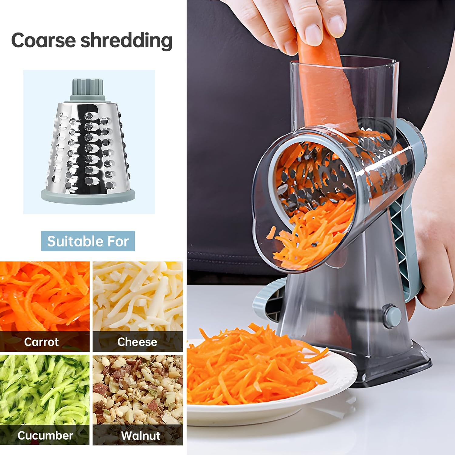 Cheese Grater Rotary Vegeteble Slicer Chopper,Versatile Cheese Shredder,Blades for Shredding, Grating, Slicing,Vegetable Shredder with Suction Base and Cleaning Brush image number 2