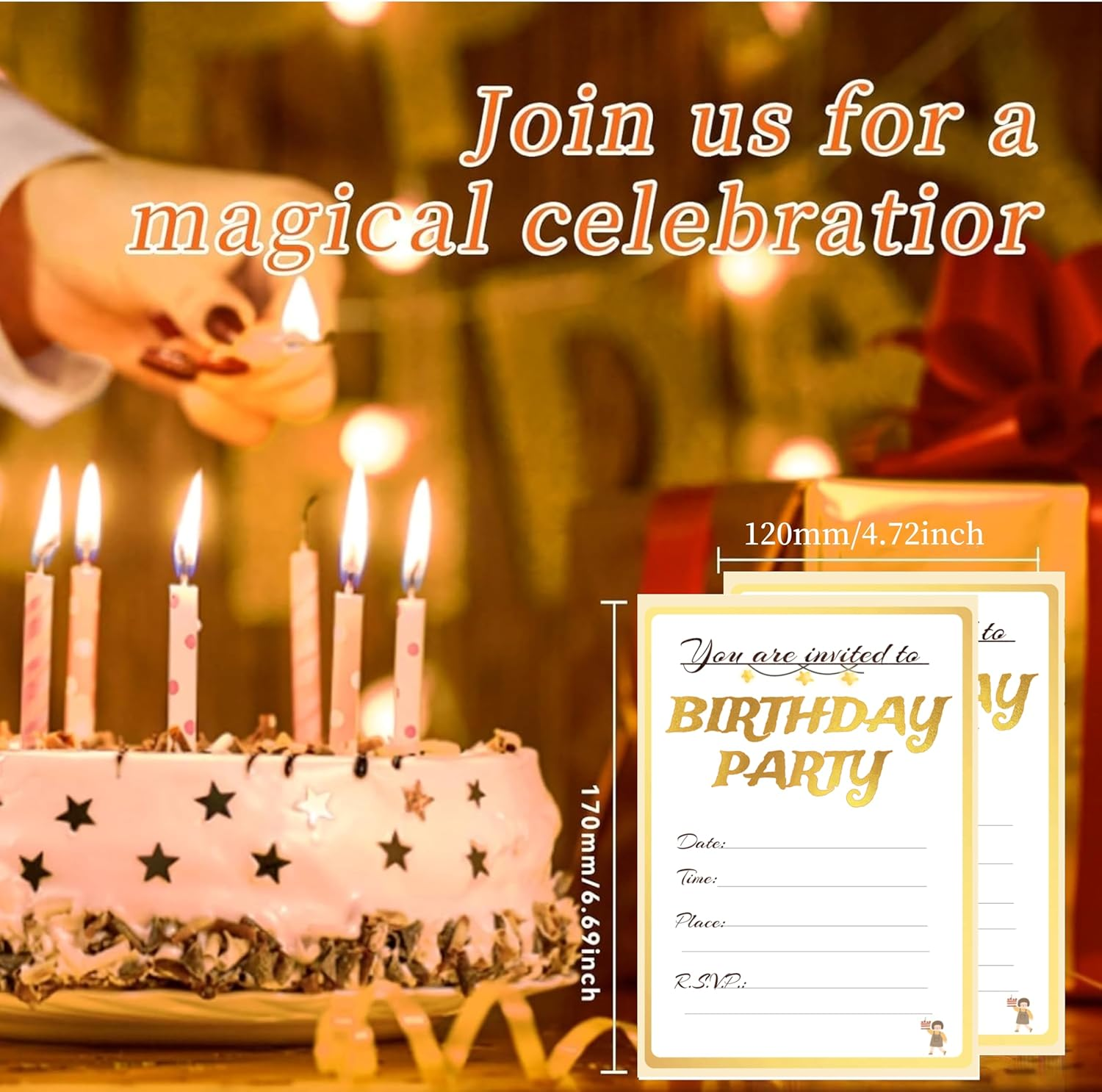 20 Birthday Invitation Cards with Envelopes,Uniquely Designed Birthday Cards for Children,Men, Women and Kids (Golden) - Colorful image number 6