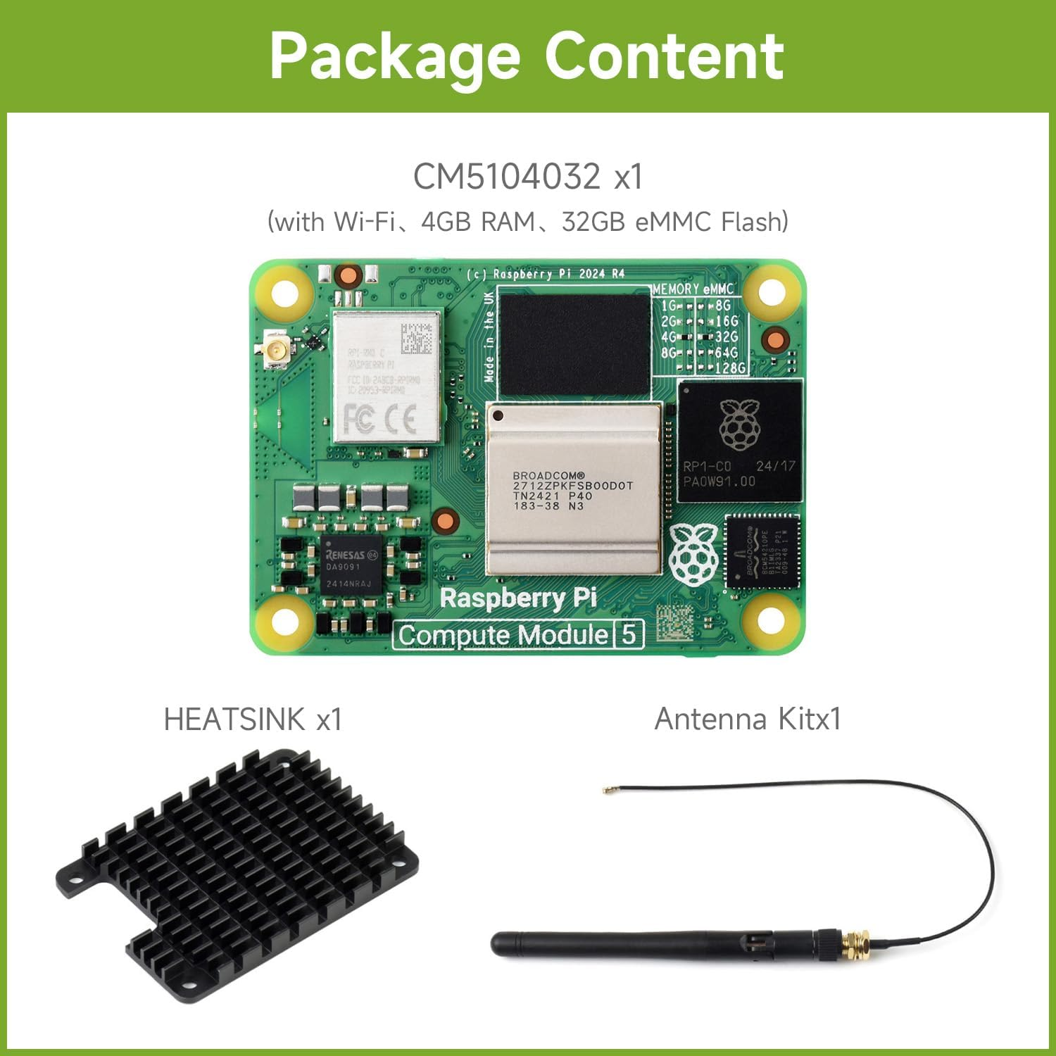 Waveshare Pi Compute Module 5，Comes with an Official Raspberry Pi CM5104032 (With Wire-Less, 4GB RAM, 32GB Emmc Flash), an An-Tenna Kit and a HEATSINK. (3 Items) image number 6